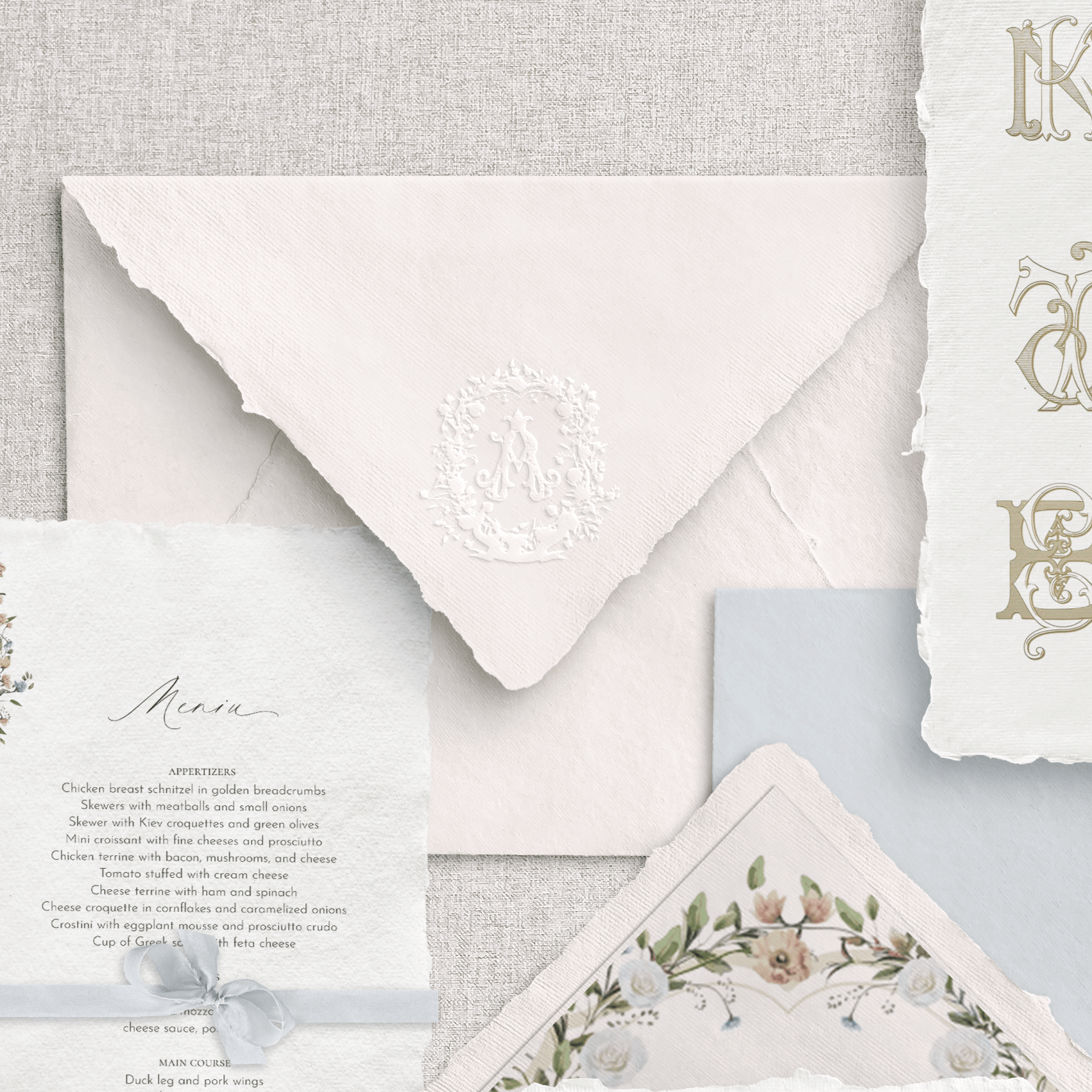 Invitație handmade cu monogramă florală în acuarelă, creată de Diandra Events pentru nunți fine art