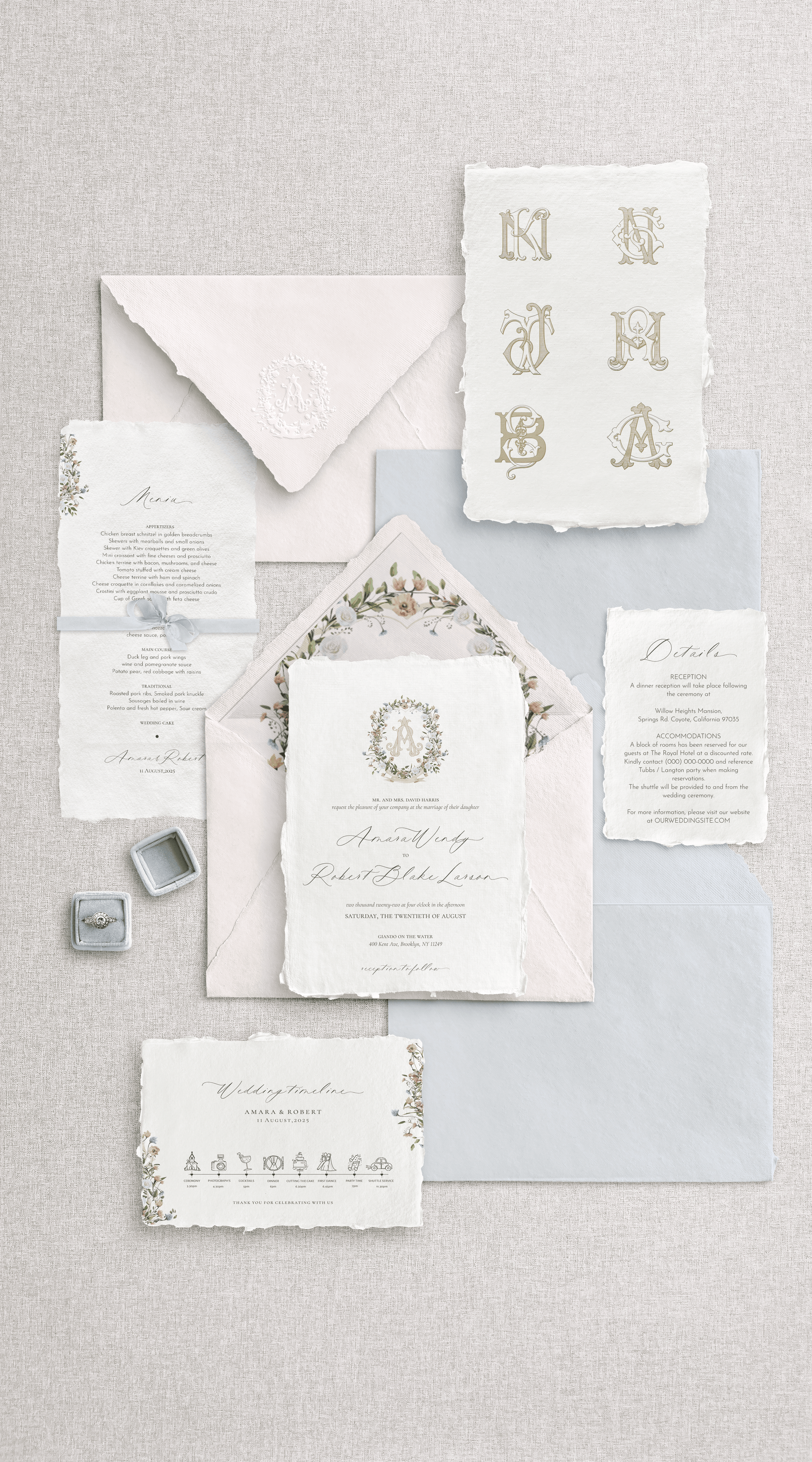 Papetărie nuntă handmade fine art, invitație de lux și meniu elegant pe hârtie manuală – Diandra Events