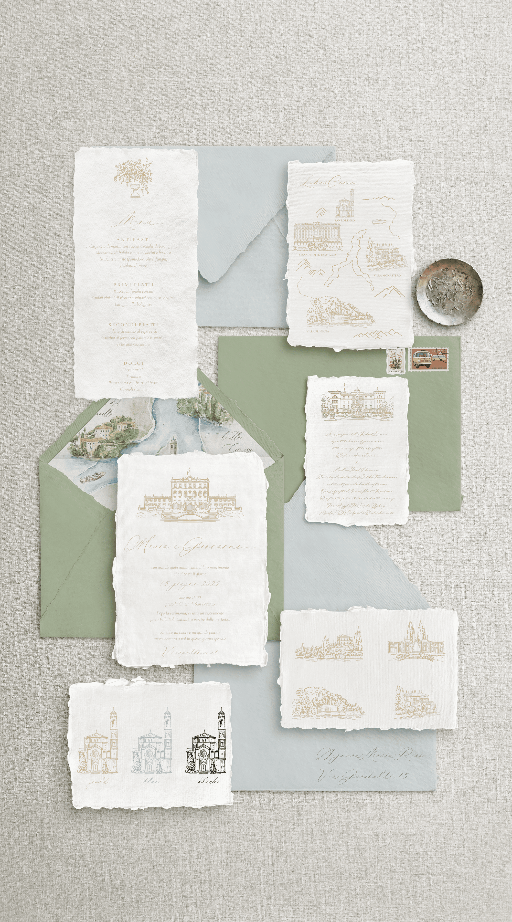 Invitație nuntă hârtie manuală handmade elegantă romantic select, set complet cu meniu, card recepție și ilustrație desenată a locației – Diandra Events