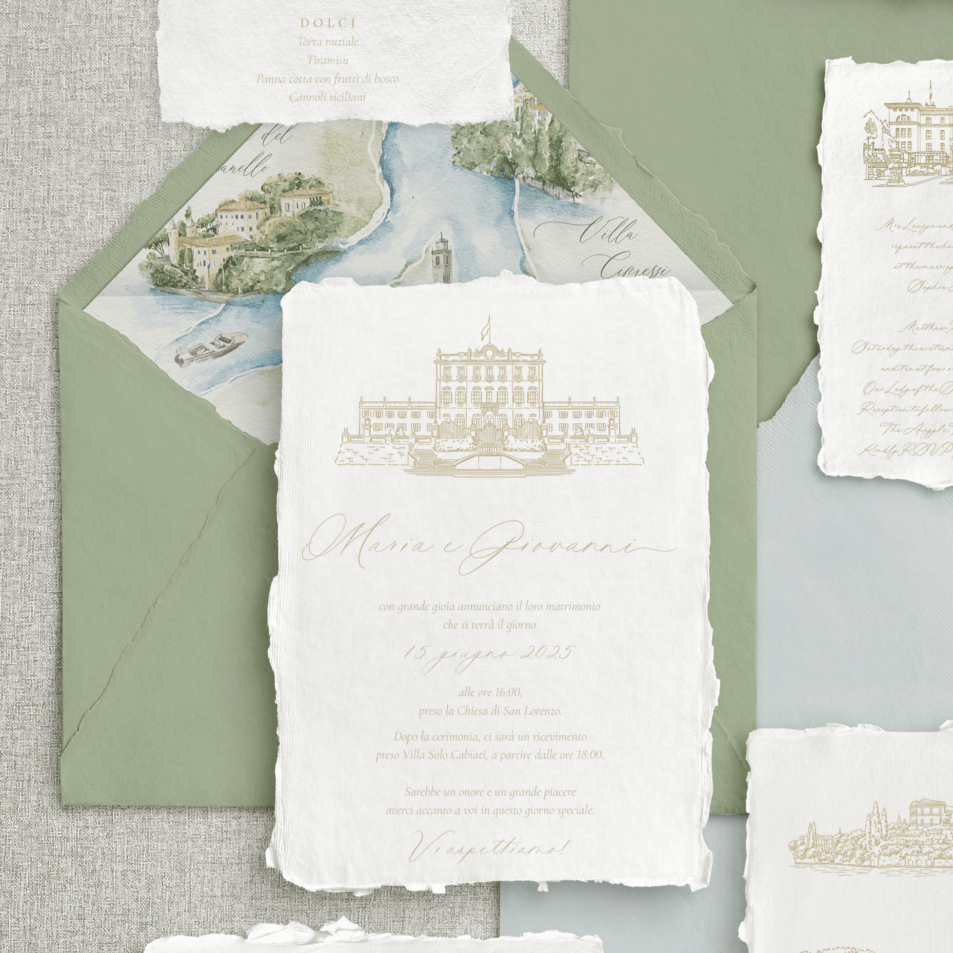 Invitație nuntă hârtie manuală handmade set destination wedding, alb elegant cu plic verde salvie și ilustrație acuarelă Lago di Como – Diandra Events