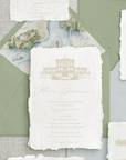 Invitație nuntă hârtie manuală handmade set destination wedding, alb elegant cu plic verde salvie și ilustrație acuarelă Lago di Como – Diandra Events