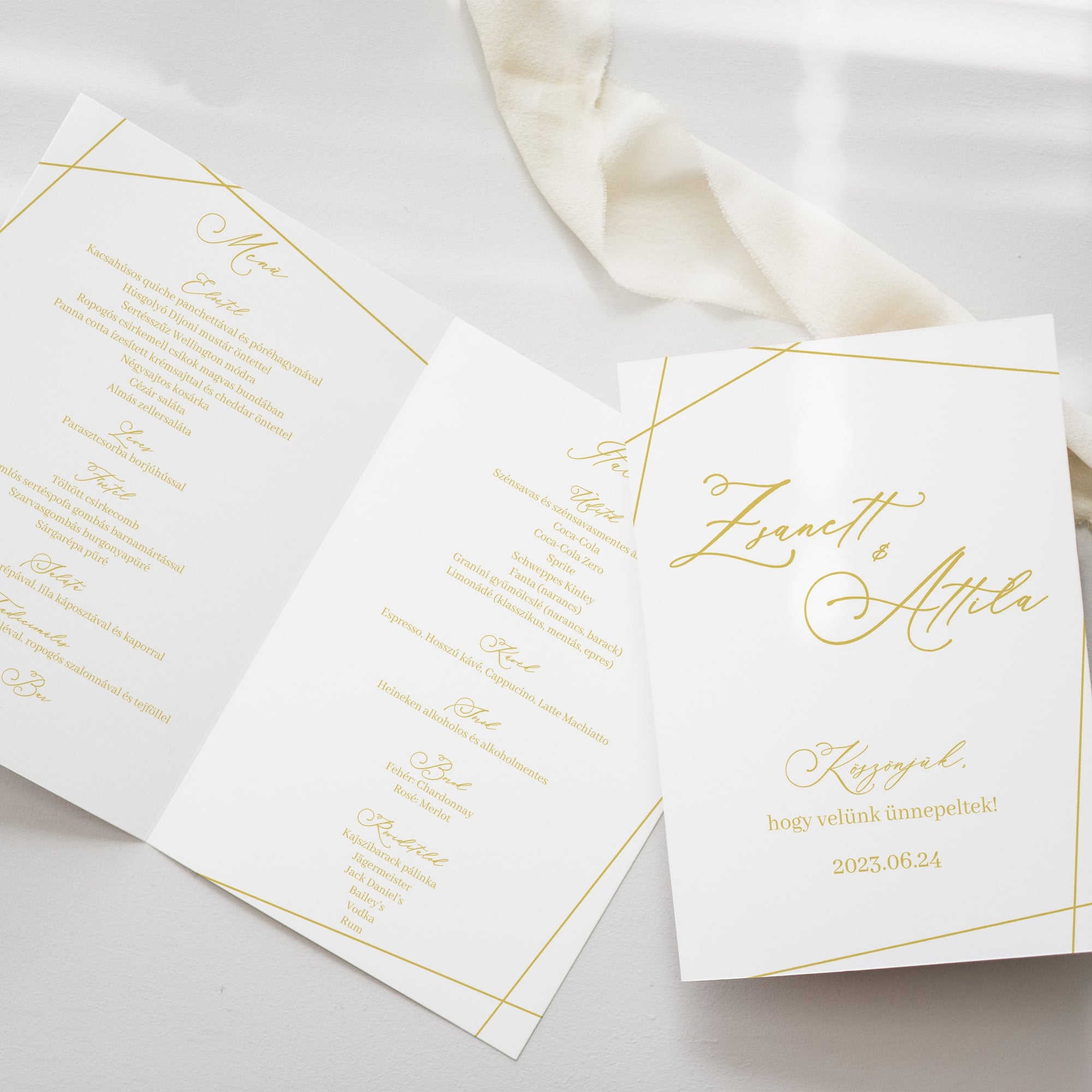 Meniu nuntă personalizat tip carte Diandra Events, carton premium cu design floral romantic.