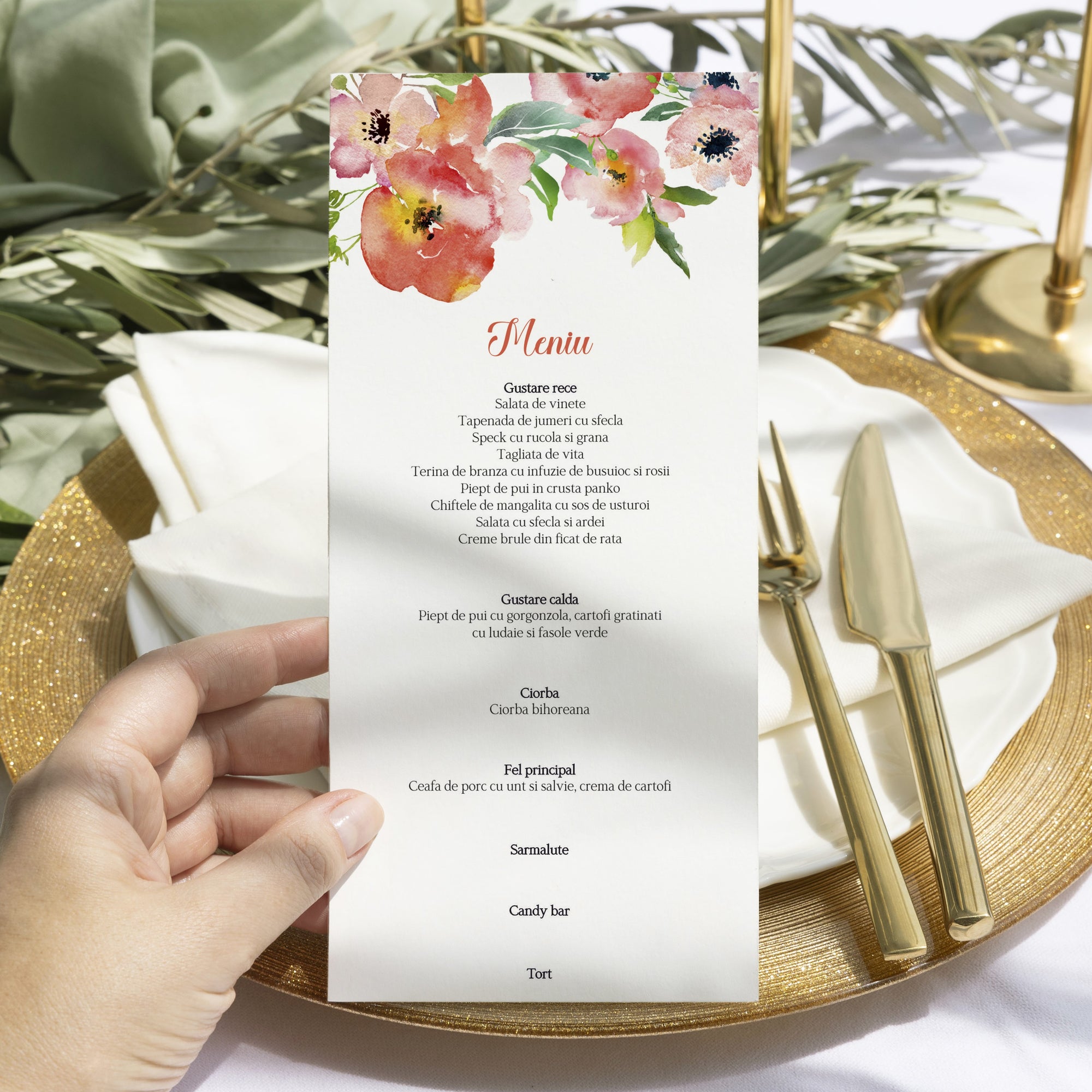 Meniu nuntă individual carton premium, stil clasic floral.