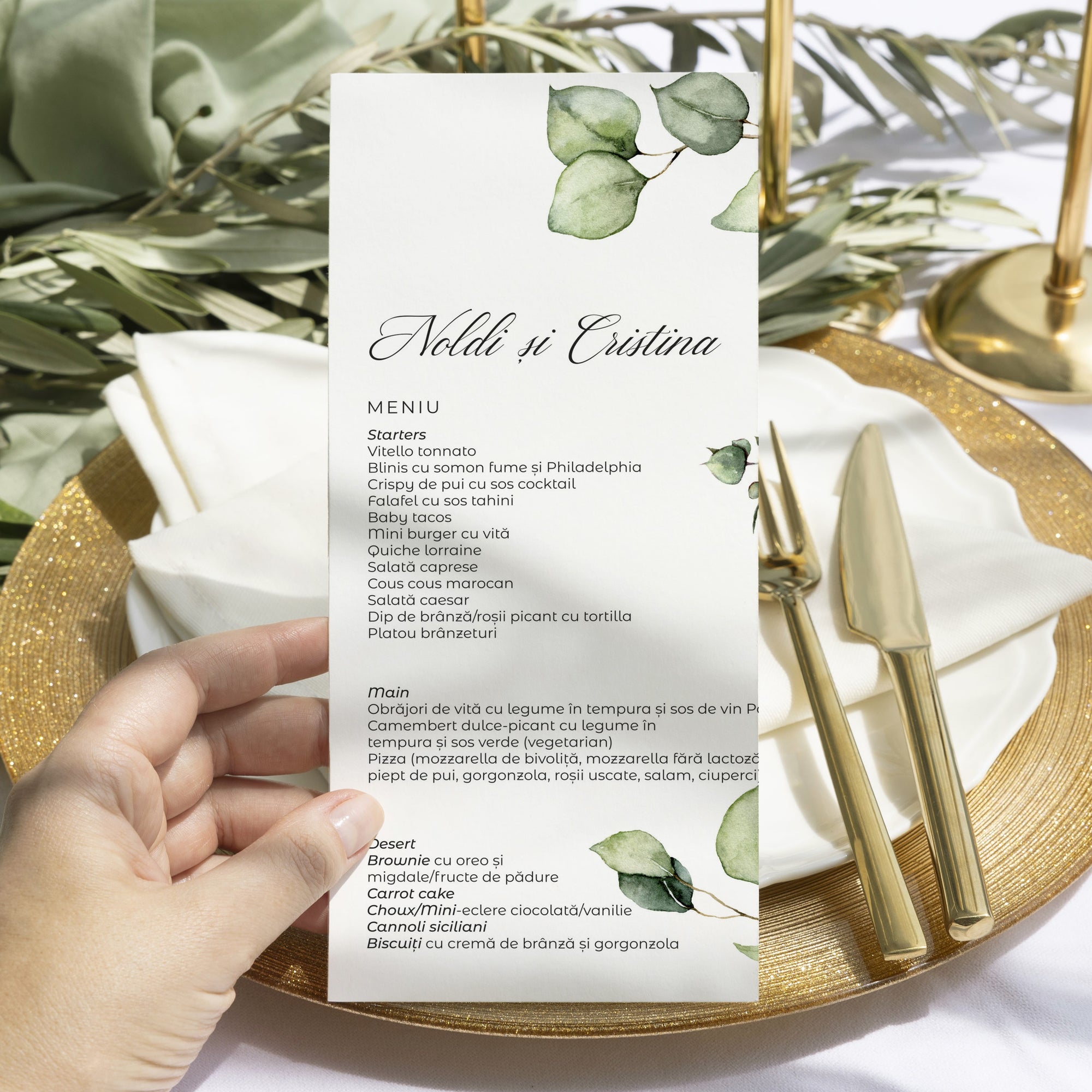 Meniu carton premium individual cu imprimeu floral romantic.