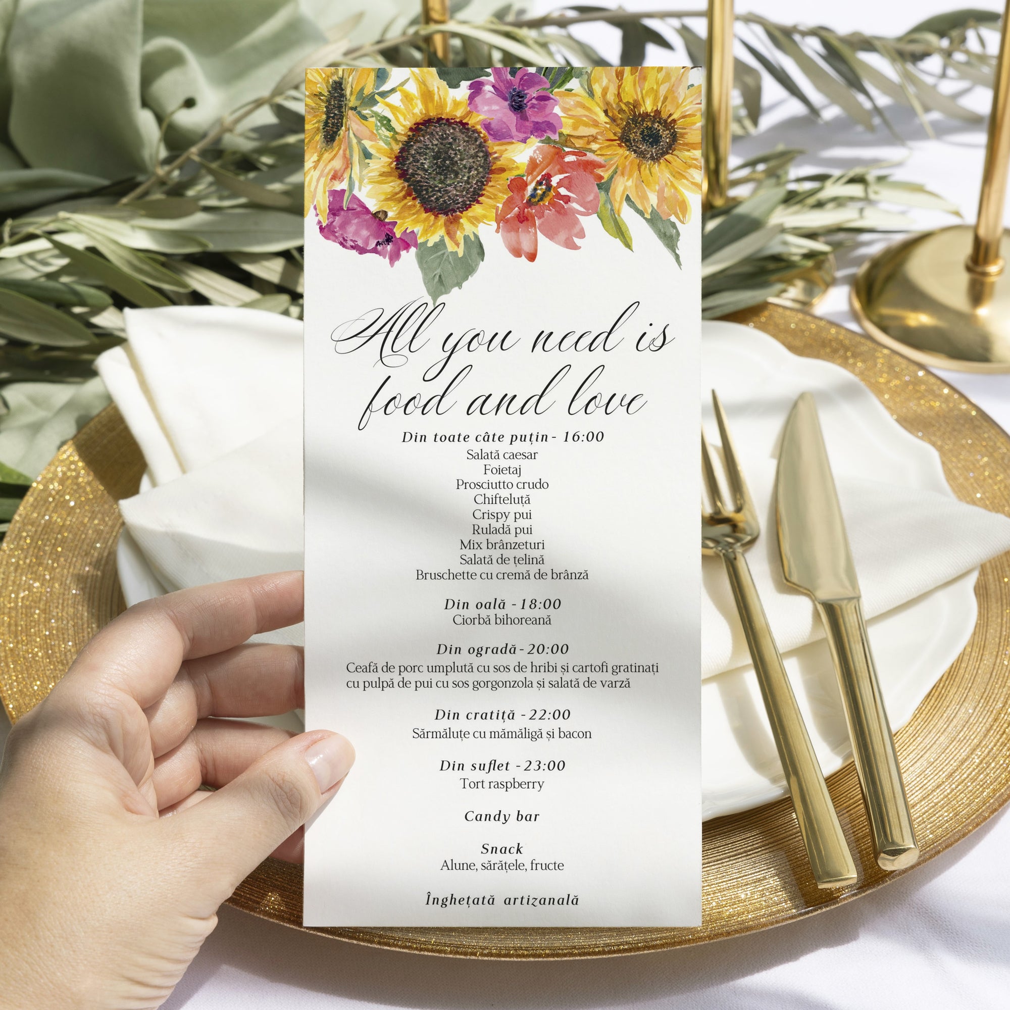 Meniu nuntă individual din carton premium cu design floral floarea-soarelui – Diandra Events.