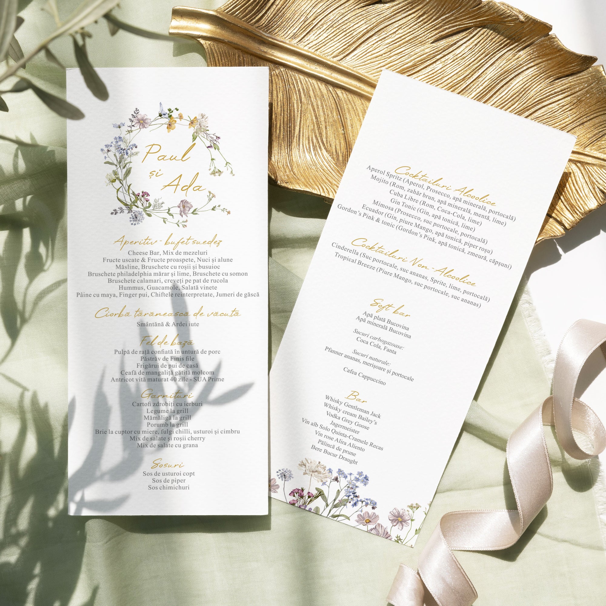 Meniu nuntă individual carton premium cu design floral luxos.