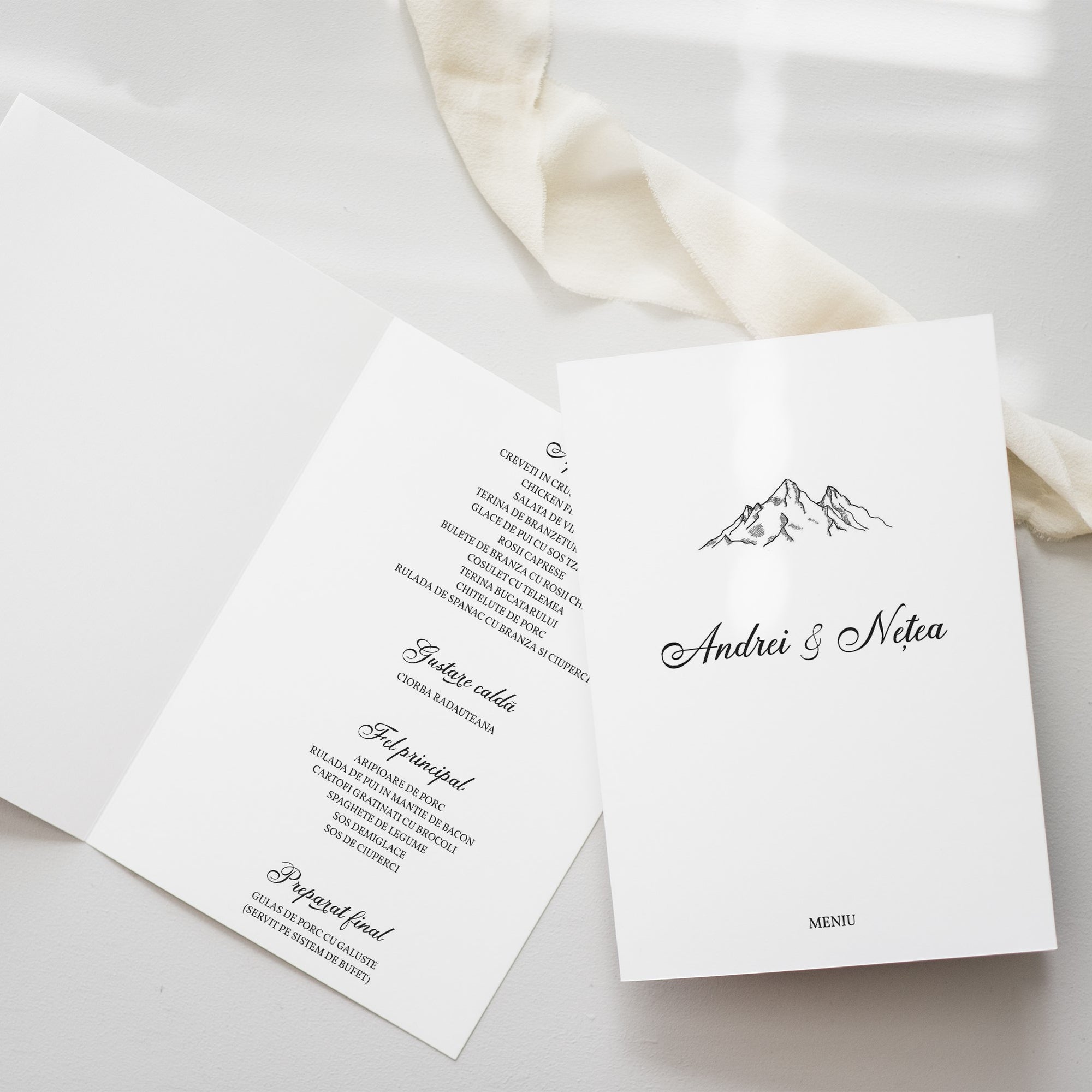 Meniu tip carte carton premium Diandra Events, handmade, ideal pentru nuntă clasică sau modernă.