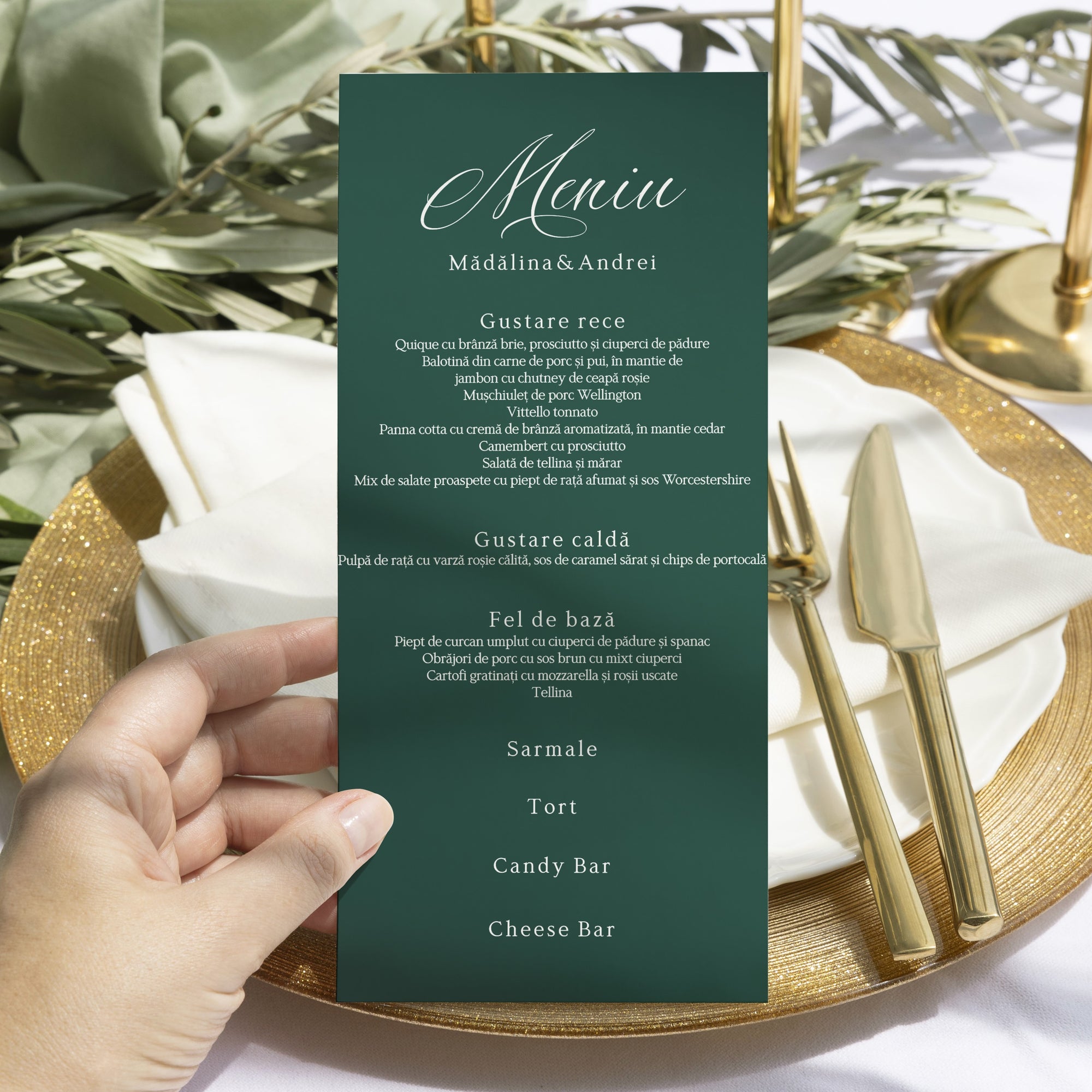 Meniu carton premium individual cu flori și culori elegante.