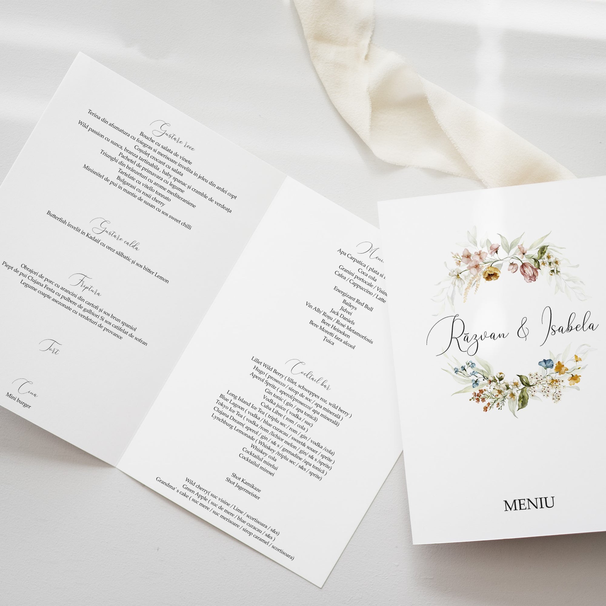 Meniu carton premium tip carte Diandra Events, handmade, decor elegant pentru nuntă.