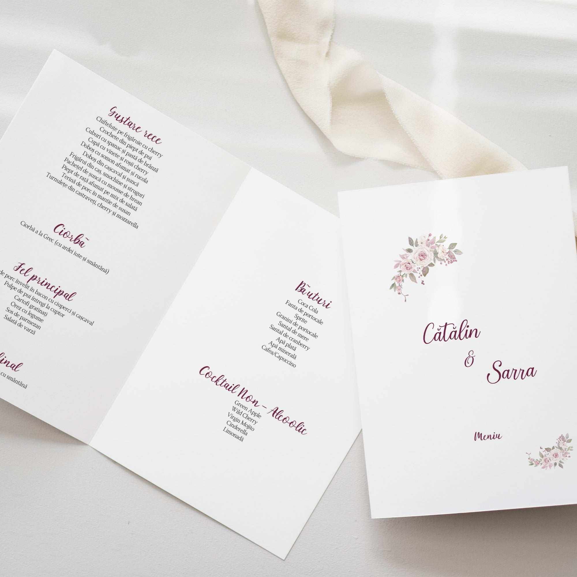 Meniu nuntă tip carte Diandra Events, carton premium, pagini structurate clar, design rafinat.