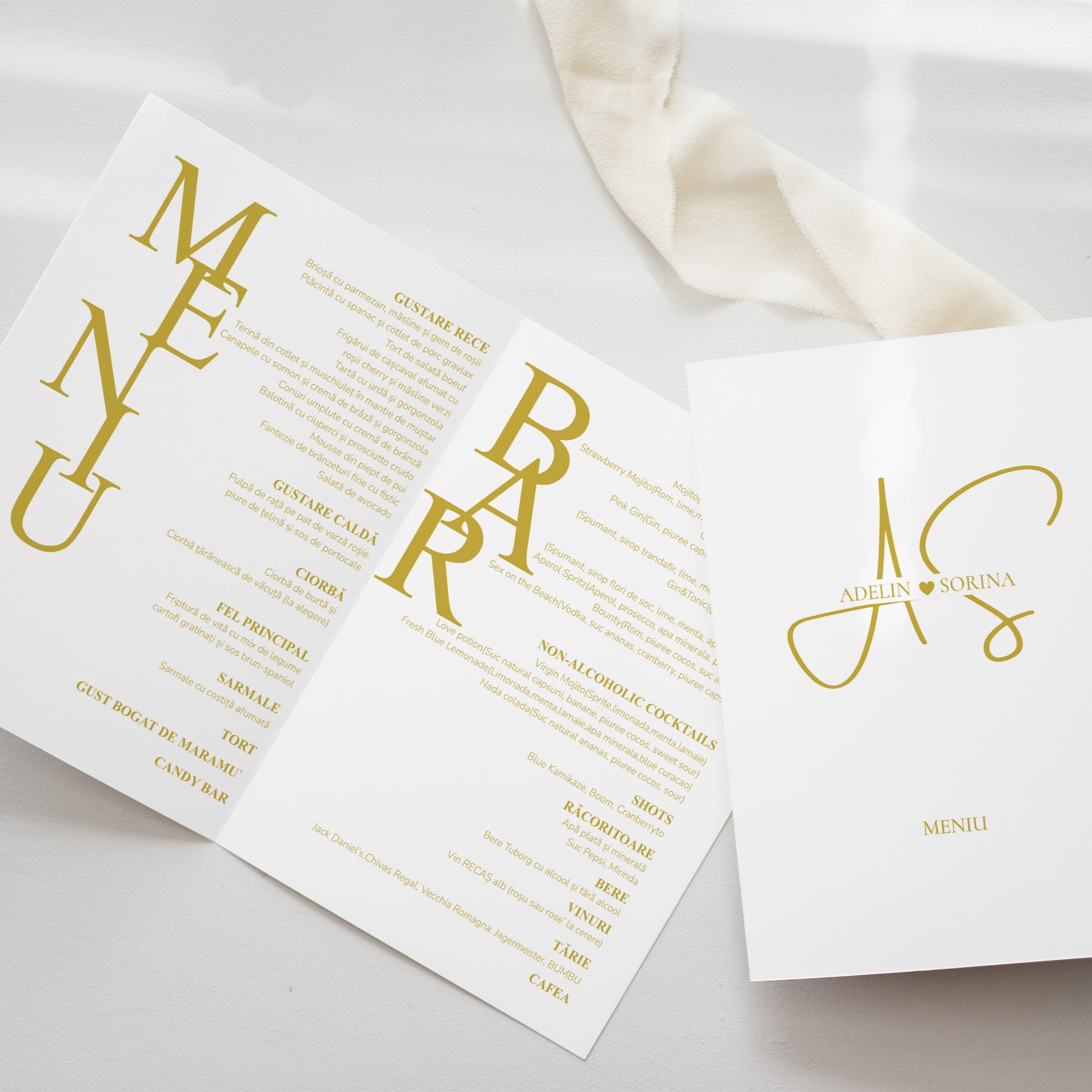 Meniu tip carte handmade Diandra Events, carton premium, perfect pentru decor de masă nuntă.