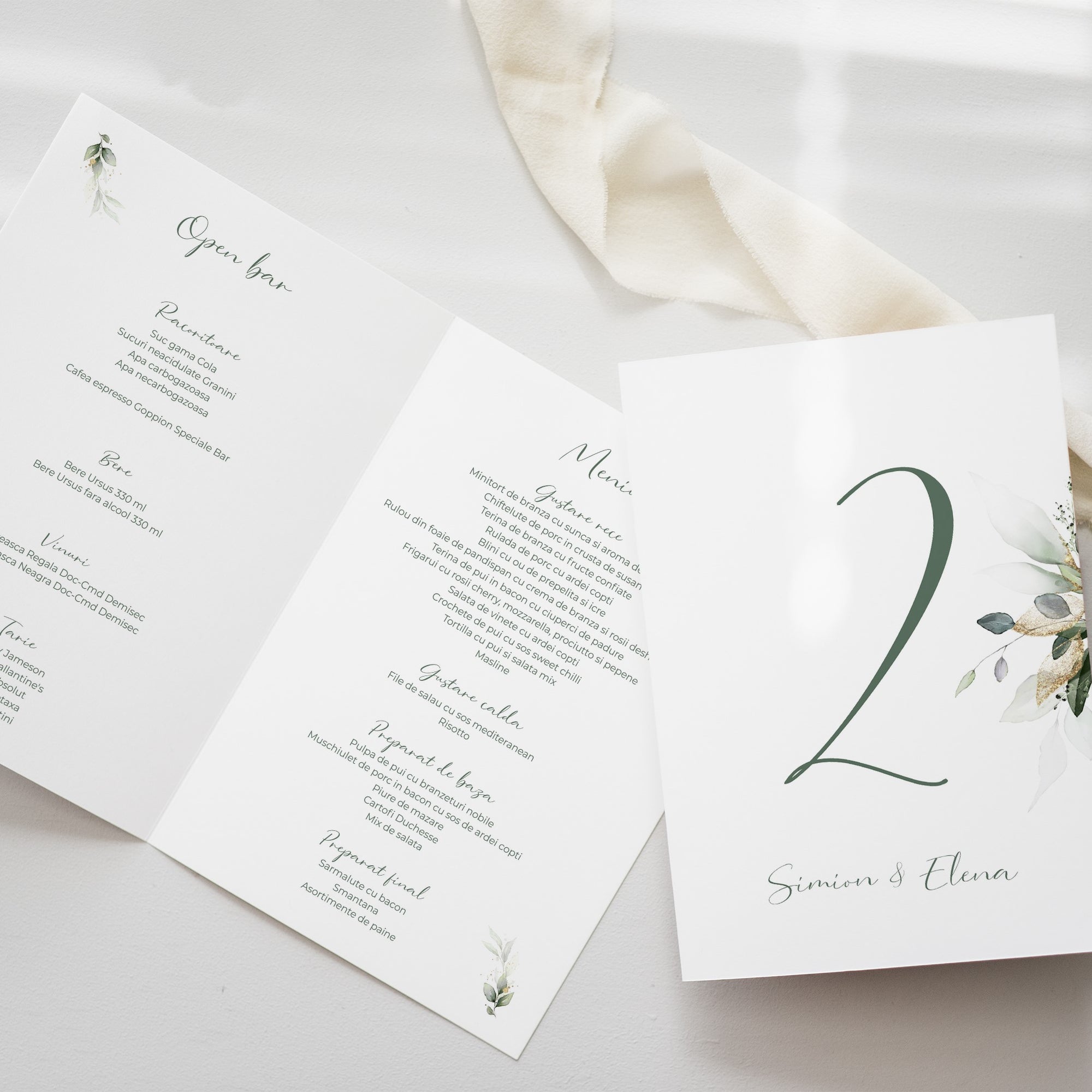 Meniu personalizat tip carte Diandra Events, carton premium cu finisaj elegant.