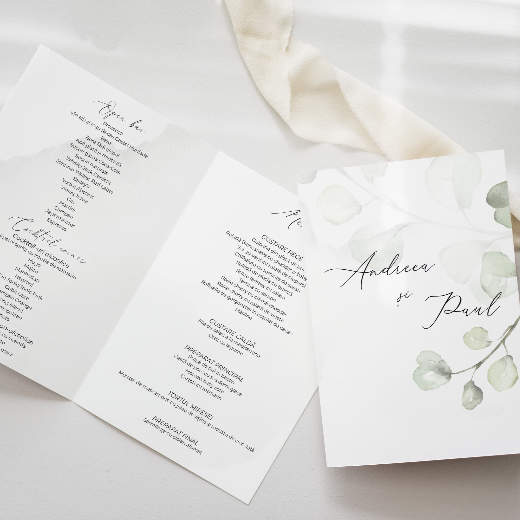 Meniu nuntă tip carte Diandra Events, carton premium, fonturi și culori personalizabile.