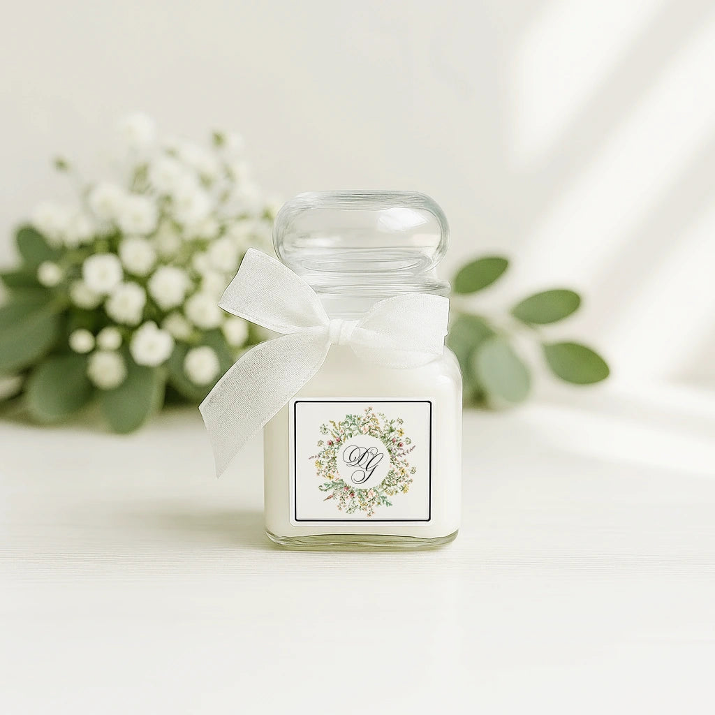 Mărturie nuntă Diandra Events – lumânare elegantă în borcan de sticlă cu fundă albă, decorată cu flori albe de lux și eucaliptus