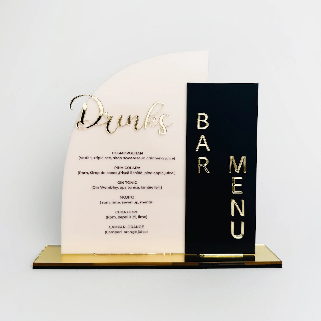 Meniu cocktail plexiglas acrilic cu detalii aurii premium, design rotund – Diandra Events