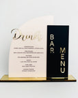 Meniu cocktail plexiglas acrilic cu detalii aurii premium, design rotund – Diandra Events