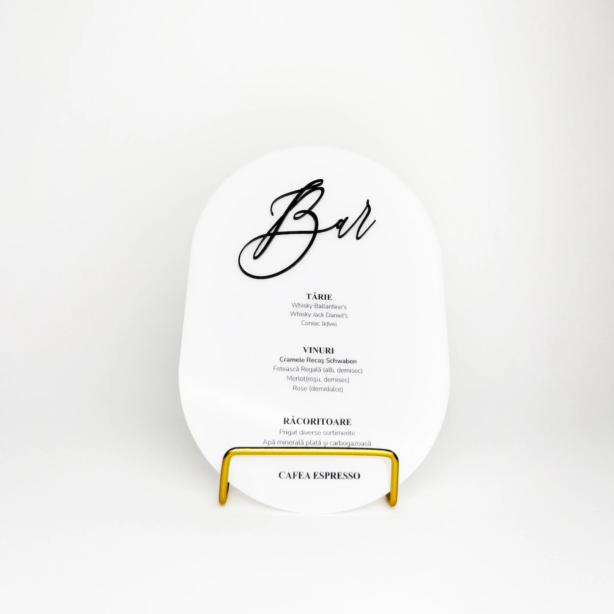 Meniu bar plexiglas acrilic minimalist, suport metalic și text modern – Diandra Events