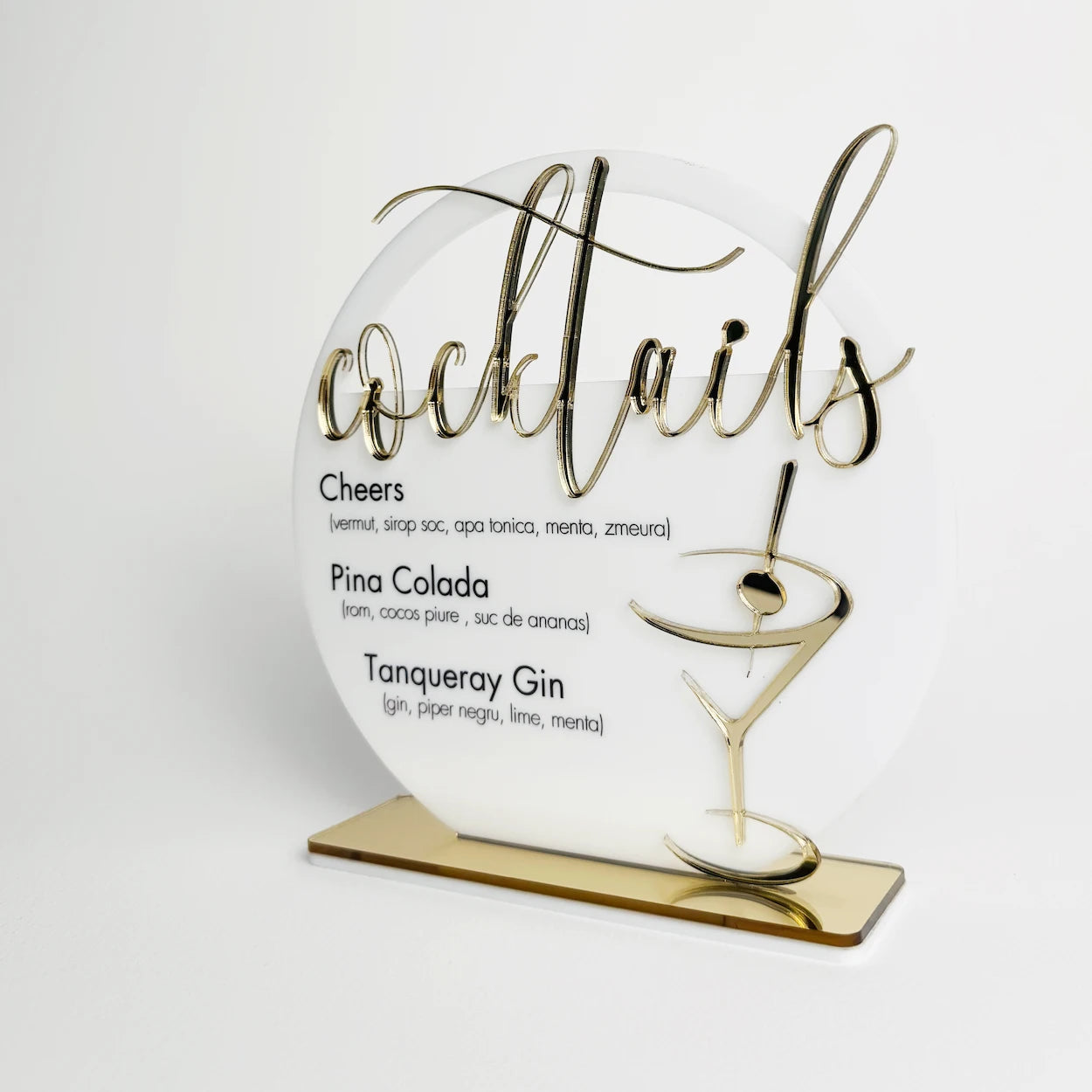 Meniu bar nuntă plexiglas acrilic elegant, format arcadă cu detalii aurii – Diandra Events