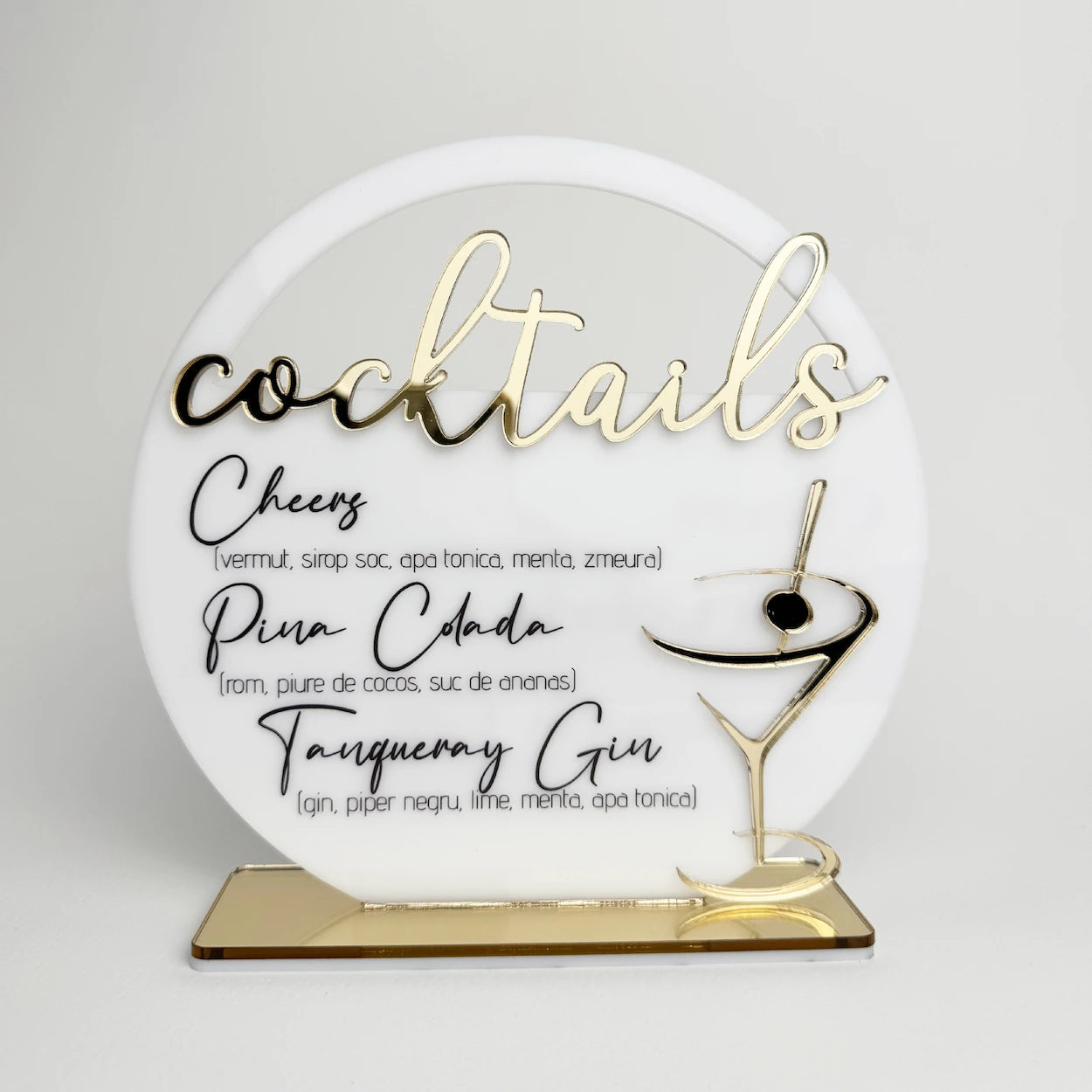 Meniu cocktail bar plexiglas acrilic personalizat, cu suport auriu și design elegant – Diandra Events