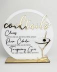 Meniu cocktail bar plexiglas acrilic personalizat, cu suport auriu și design elegant – Diandra Events