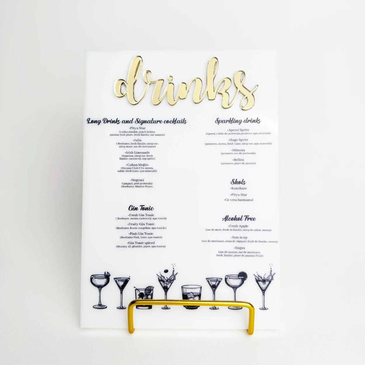 Meniu cocktail bar plexiglas acrilic premium, design sofisticat pentru evenimente – Diandra Events