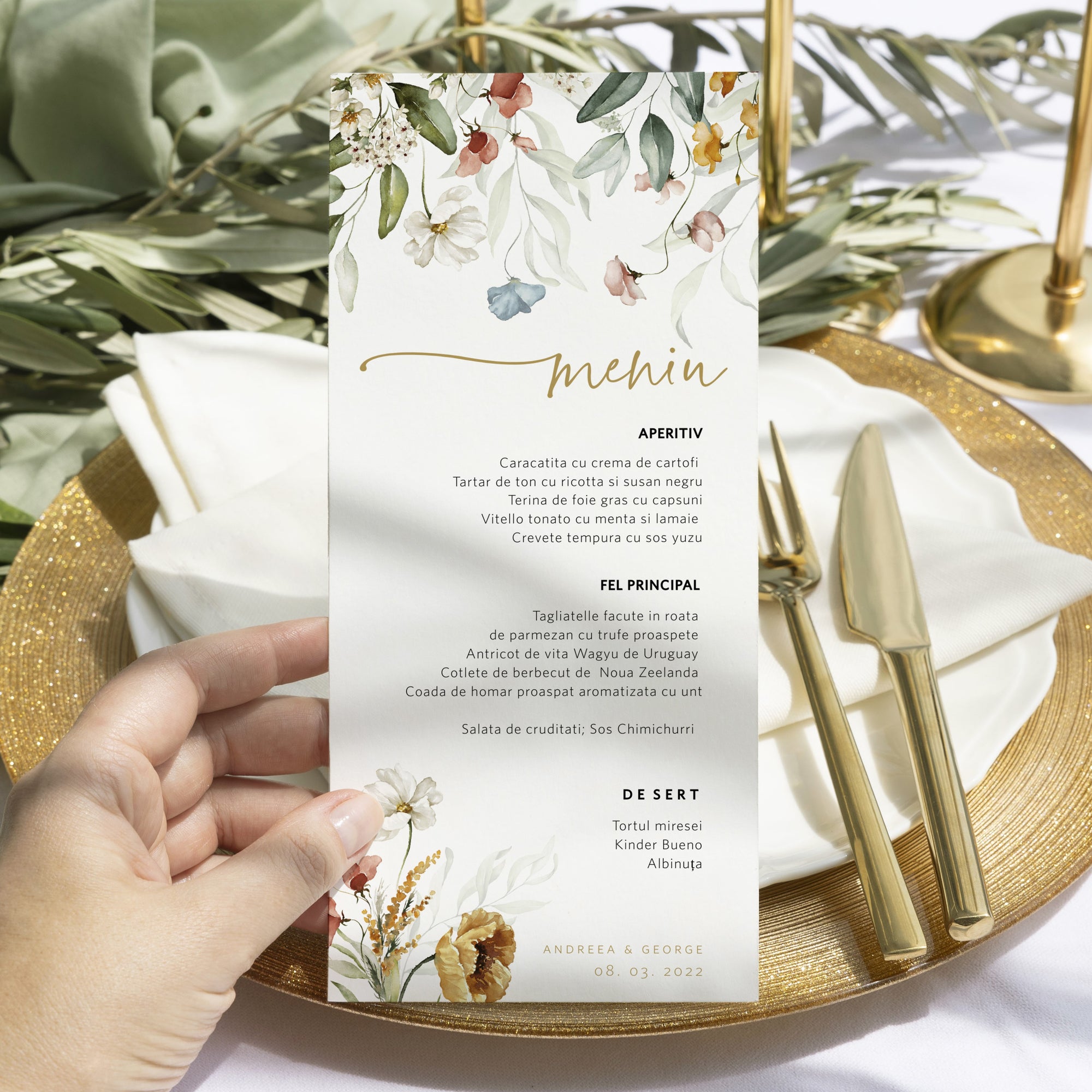 Meniu nuntă individual cu flori pe carton premium – Diandra Events.