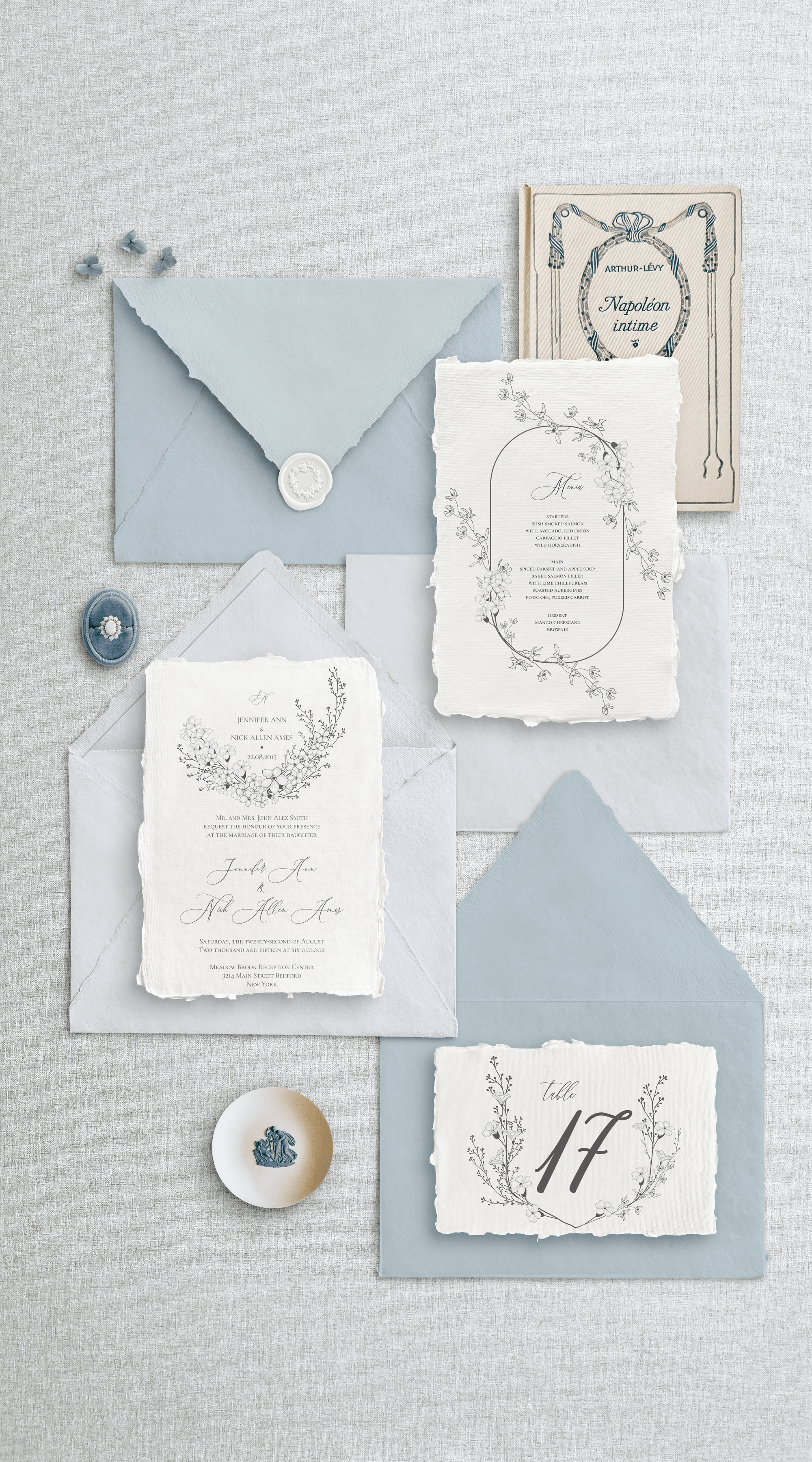 Set complet papetărie de lux nuntă, invitație handmade, meniu și card de confirmare pe hârtie manuală – Diandra Events