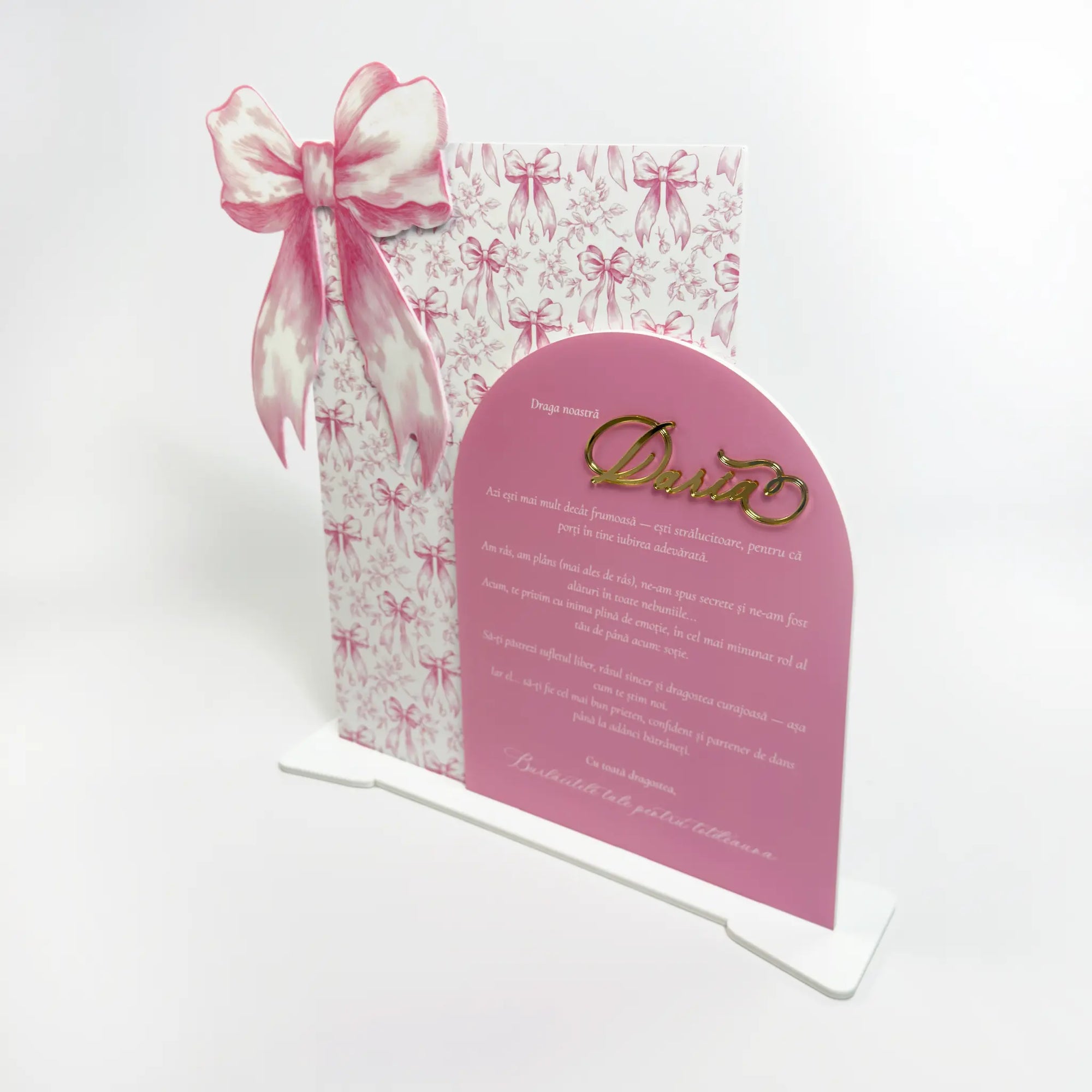 Panou decorativ plexiglas personalizat pentru candy bar nuntă, design modern cu fundiță roz – Diandra Events