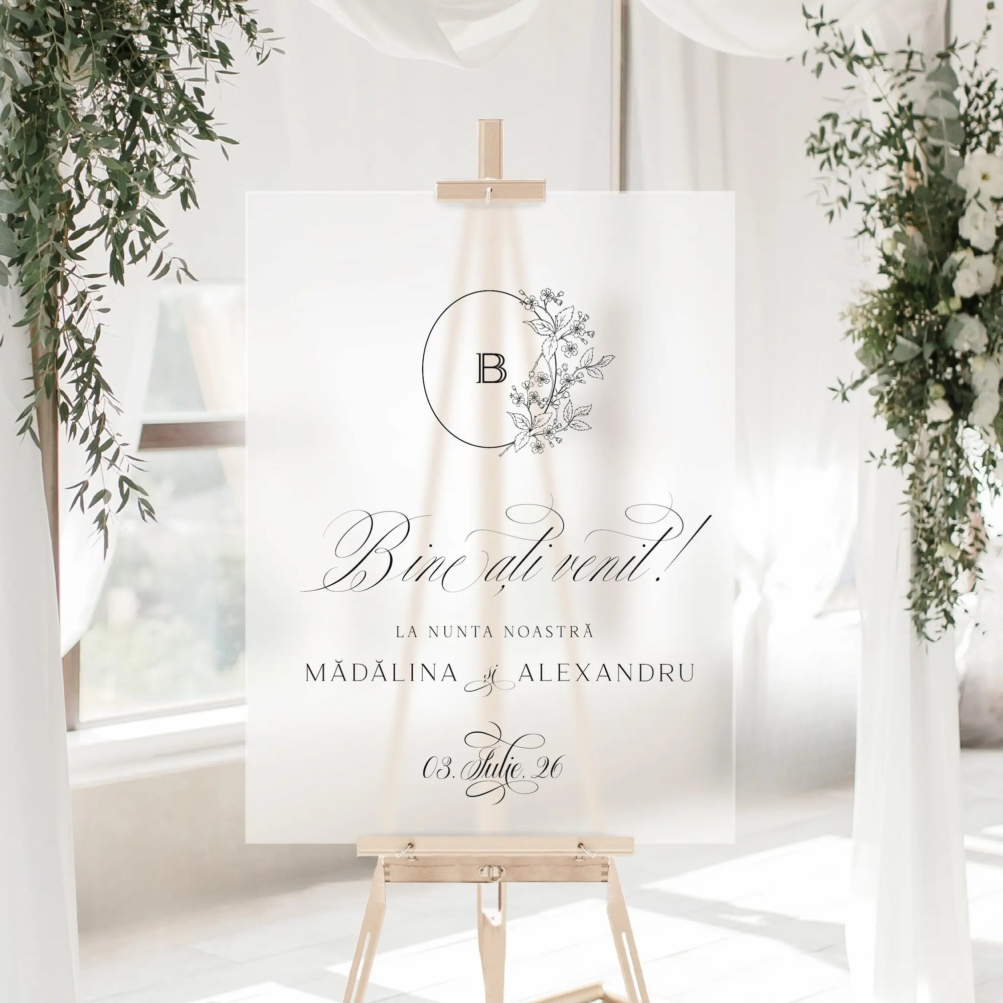 Panou bun venit nuntă acrilic plexiglas frosted, semn-bun-venit cu design oval floral, decor romantic cu flori și verdeață naturală, Diandra Events