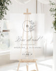 Panou bun venit nuntă acrilic plexiglas frosted, semn-bun-venit cu design oval floral, decor romantic cu flori și verdeață naturală, Diandra Events