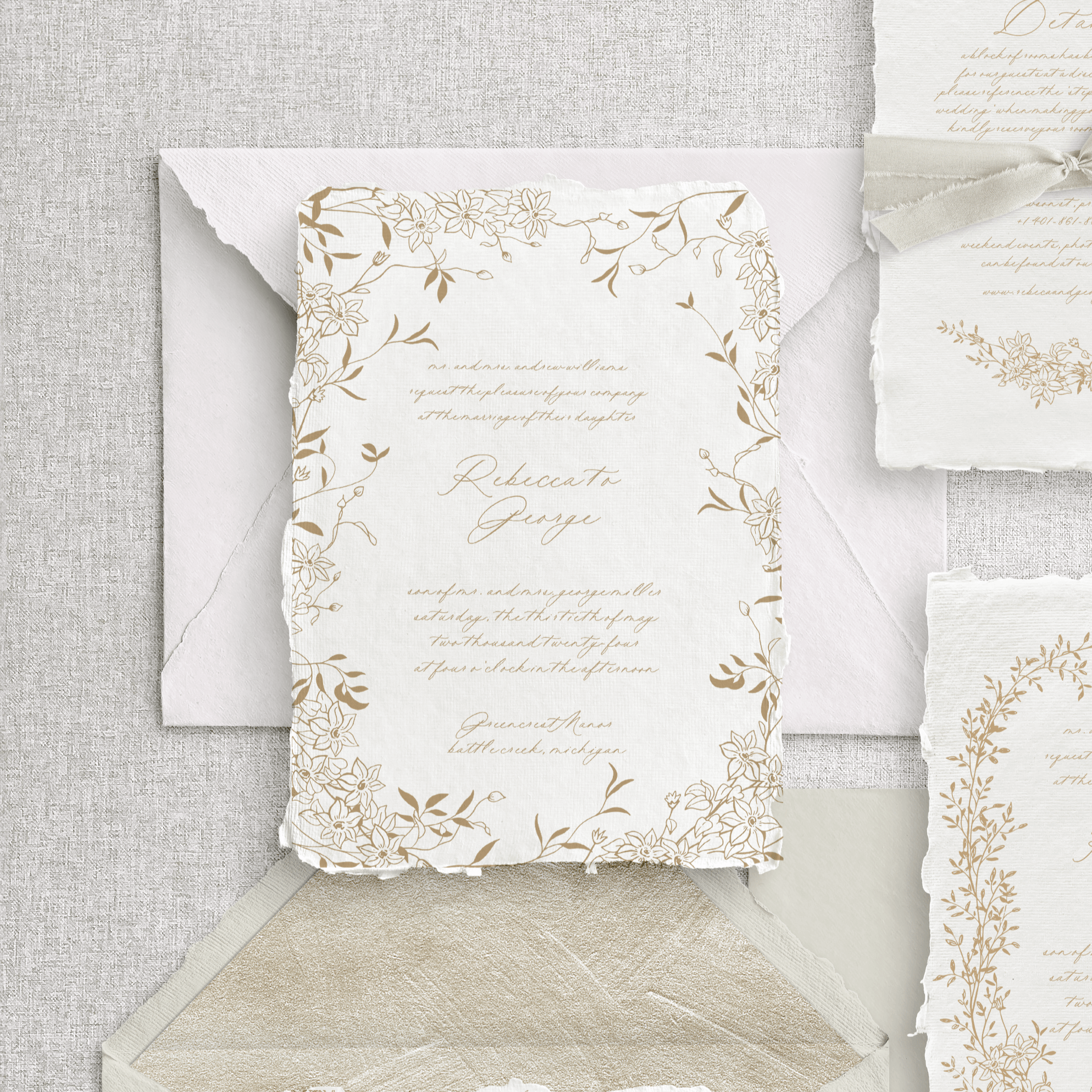 Papetărie de nuntă fine art pe hârtie manuală cu detalii aurii embosate – invitații semi personalizate Diandra Events