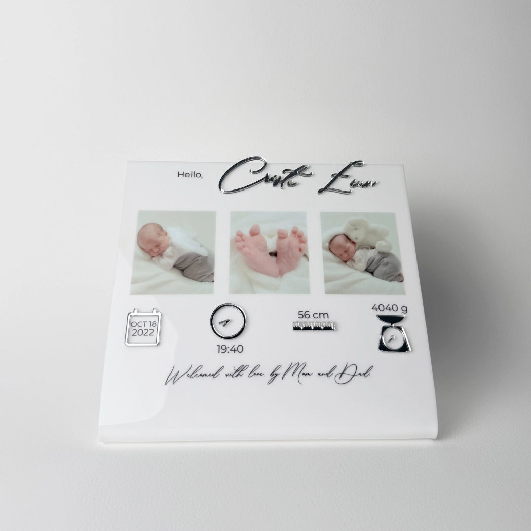 Tablou acril personalizat naștere cu trei poze bebe, data, greutatea și înălțimea – Diandra Events
