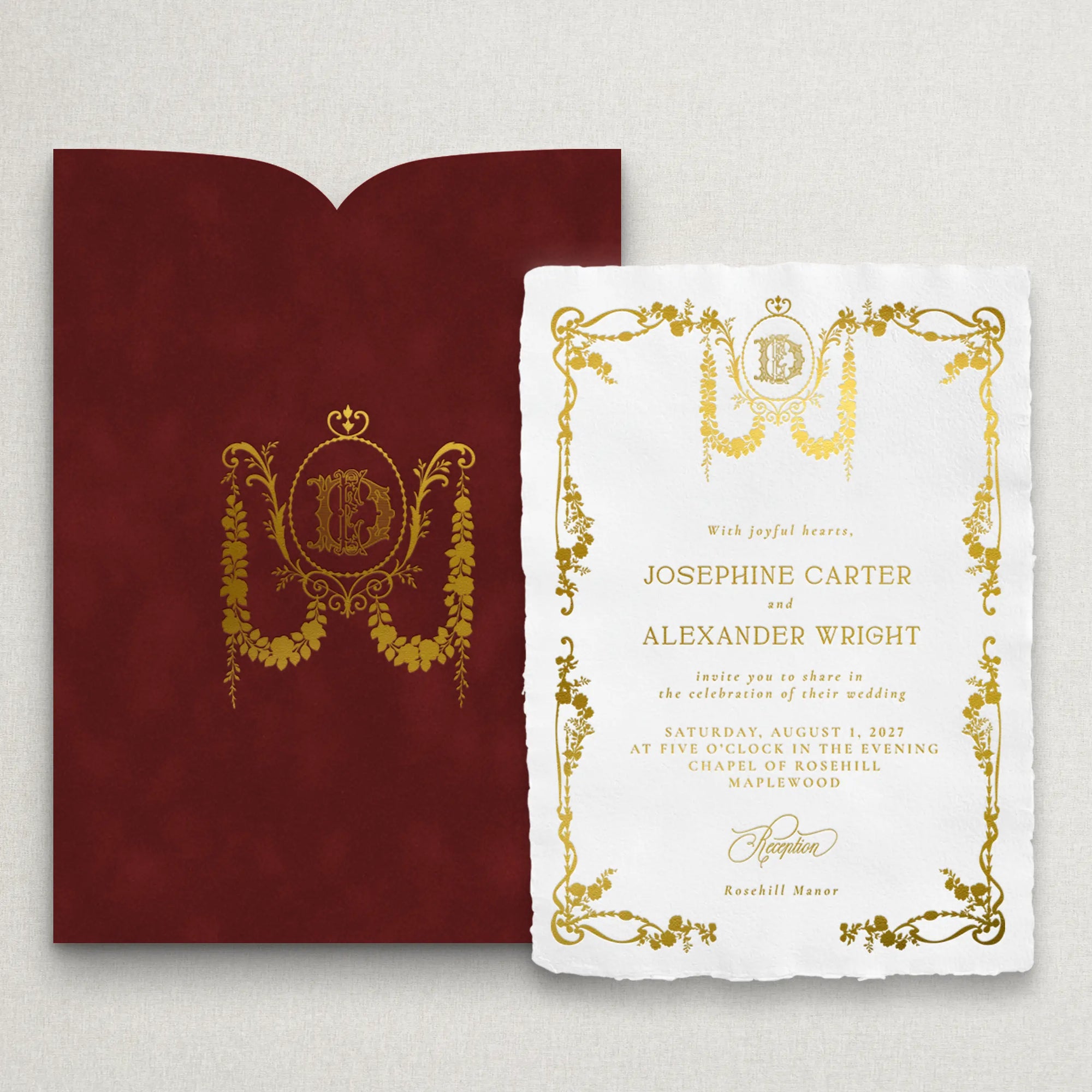 Luxury velvet pocket wedding invitation suite with gold foil details