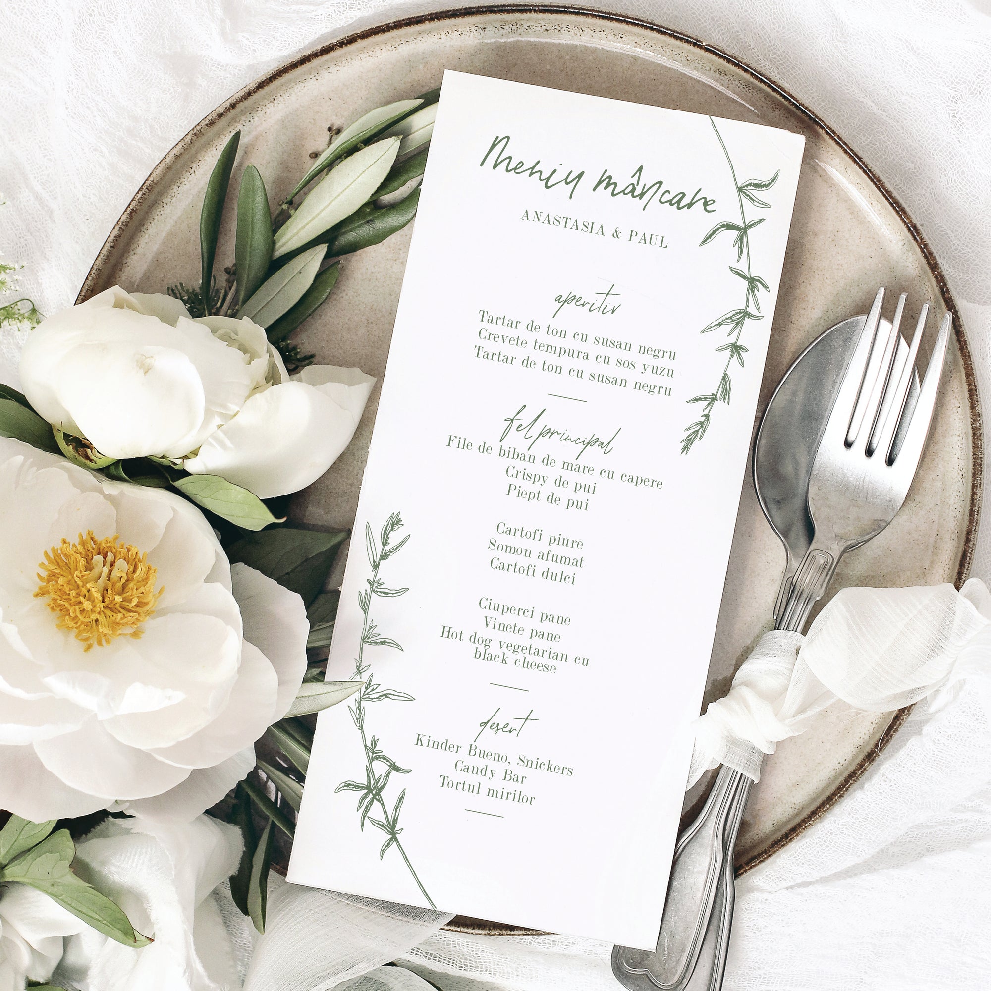 Meniu nuntă individual carton premium, culori elegante – Diandra Events.