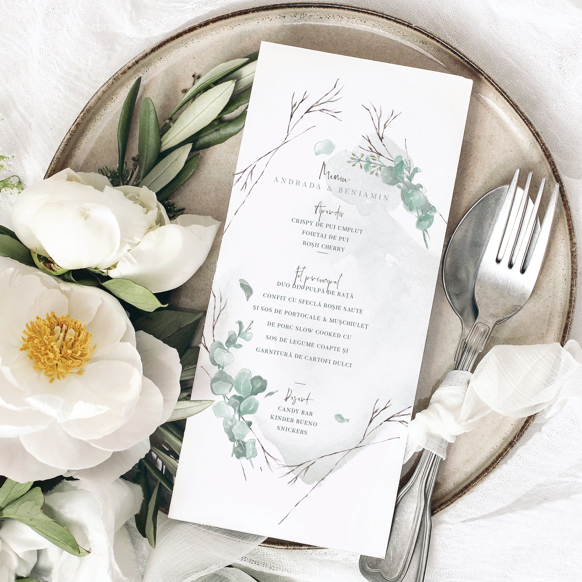 Meniu carton premium individual pentru nuntă modernă – Diandra Events.