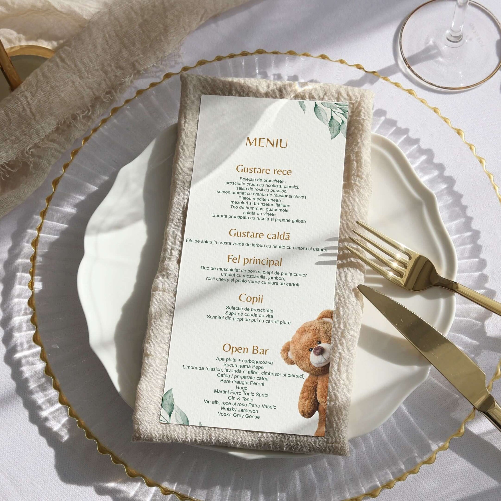 Meniu individual botez cu ursuleț bej, carton premium personalizat, Diandra Events

