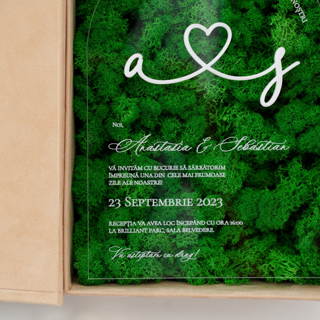 Invitație cu licheni în cutie de catifea