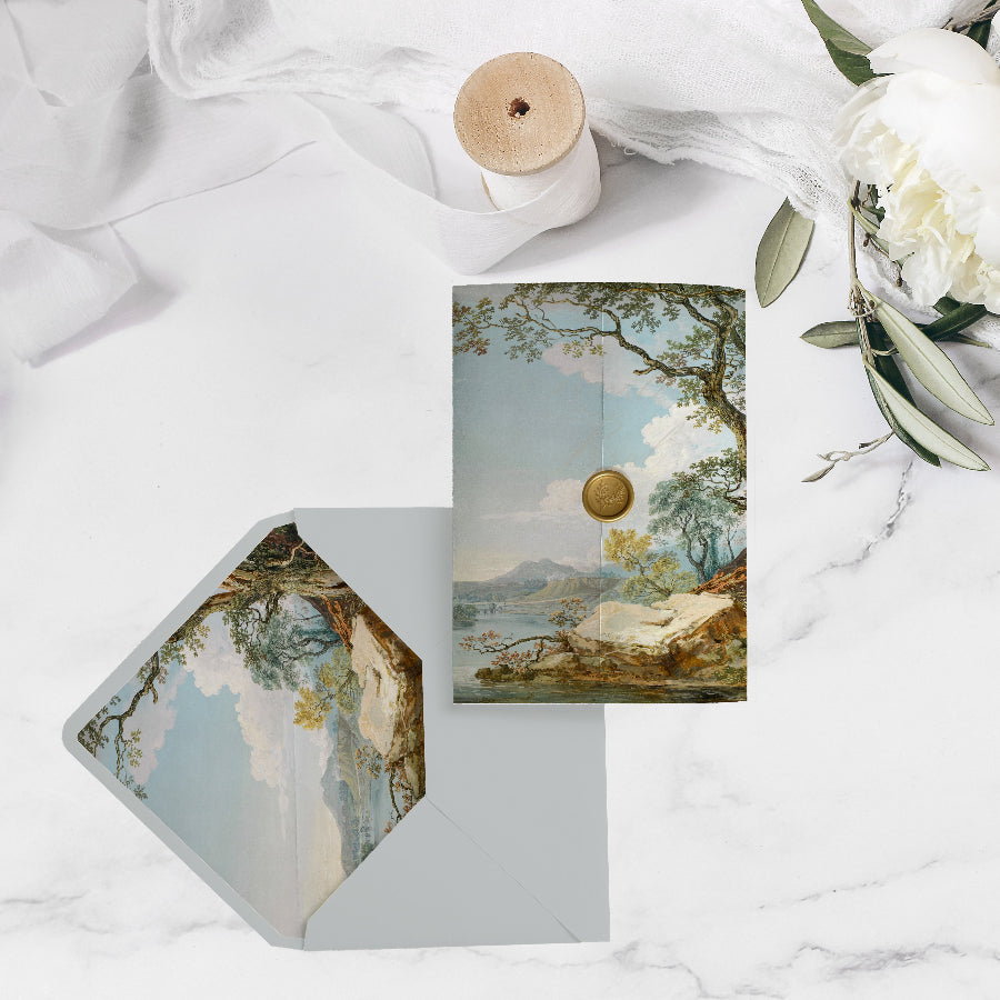 Plic invitație premium decorat cu liner plic personalizabil și hârtie vellum elegantă, design peisaj clasic – Diandra Events