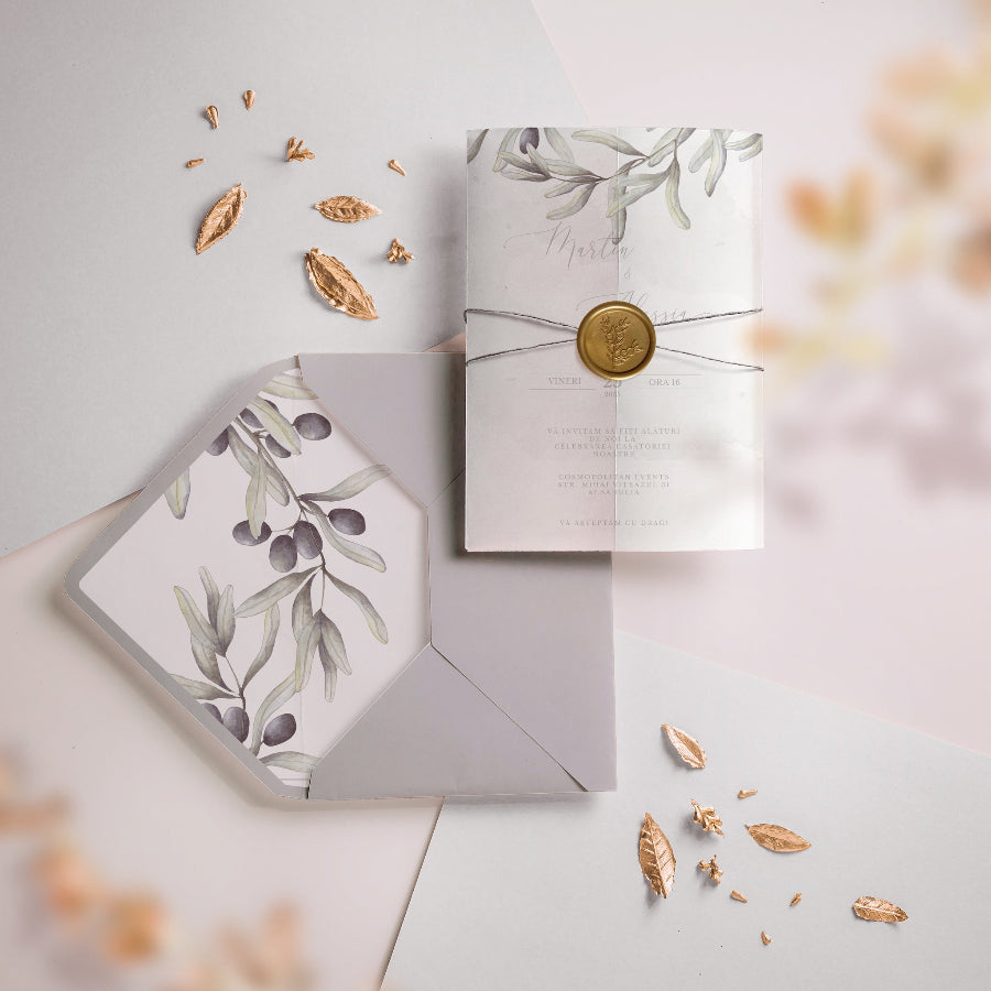 Set plic invitație de lux cu liner plic imprimat și vellum transparent, decor coordonat – Diandra Events
