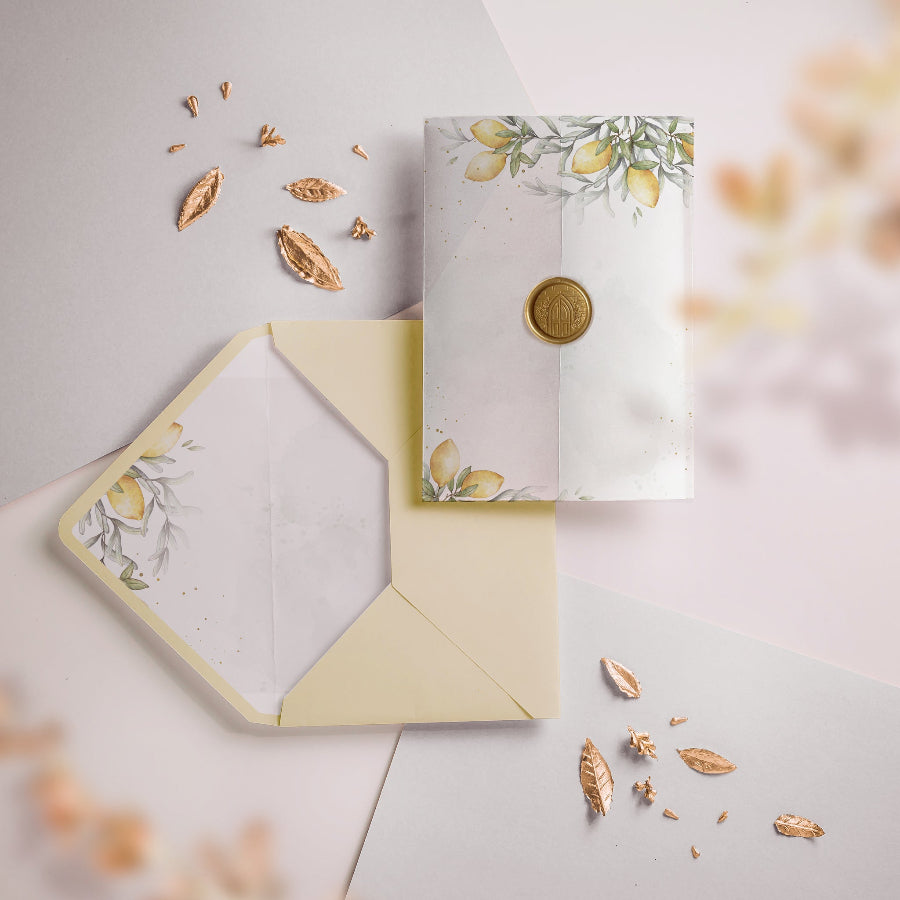 Liner plic cu lămâi, temă italiană, plic invitație nuntă – Diandra Events