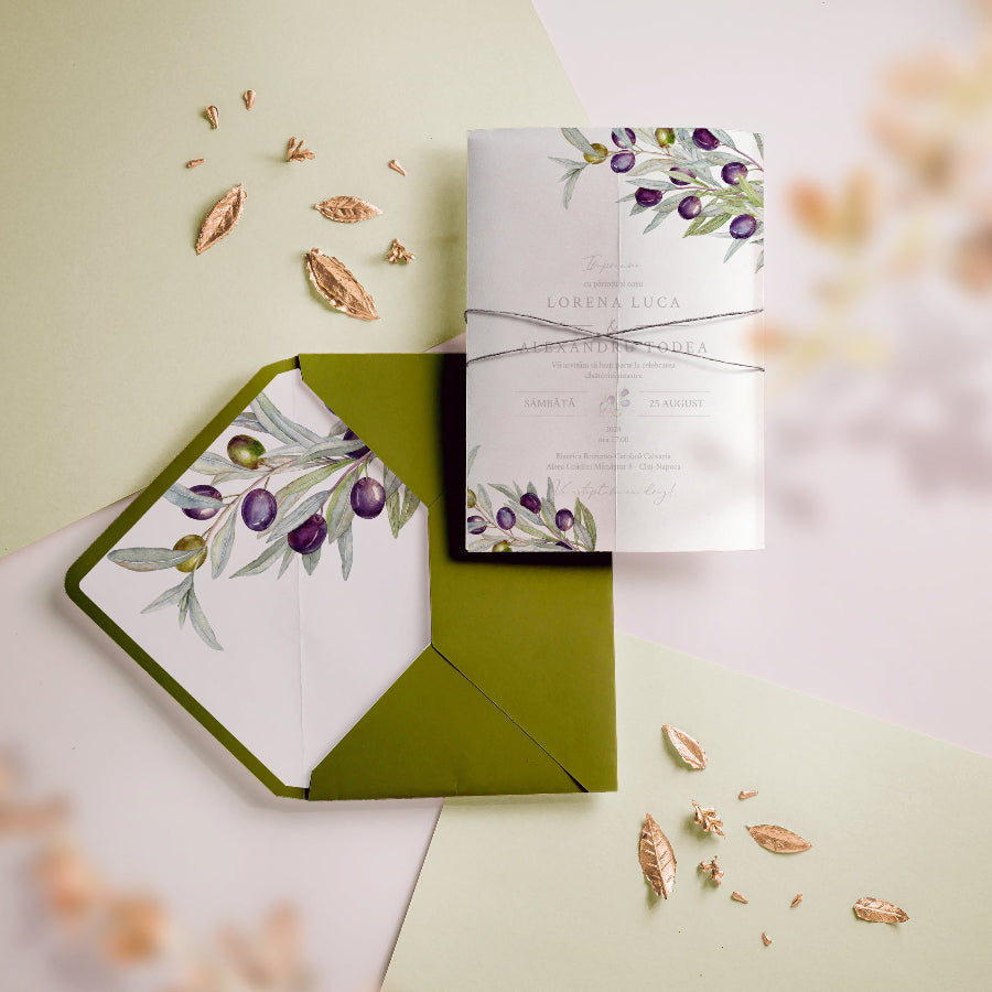 Liner plic cu măsline, design tematic mediteranean, plic invitație premium – Diandra Events