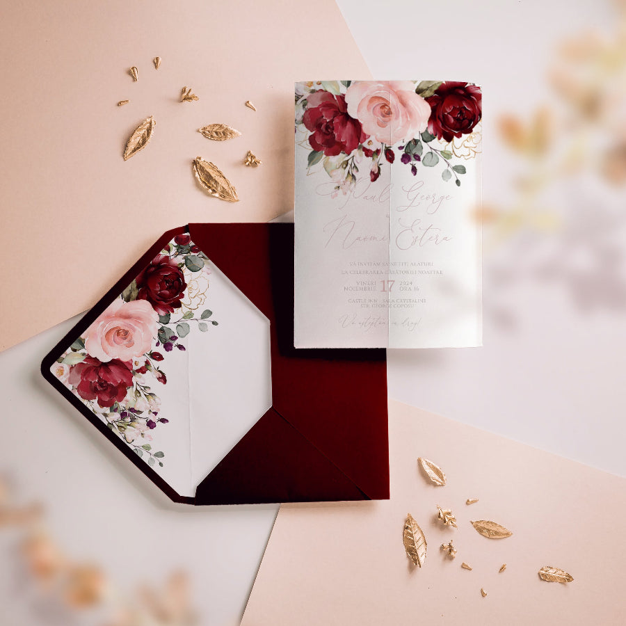 Liner plic cu trandafiri și vellum floral elegant, set invitație nuntă premium – Diandra Events