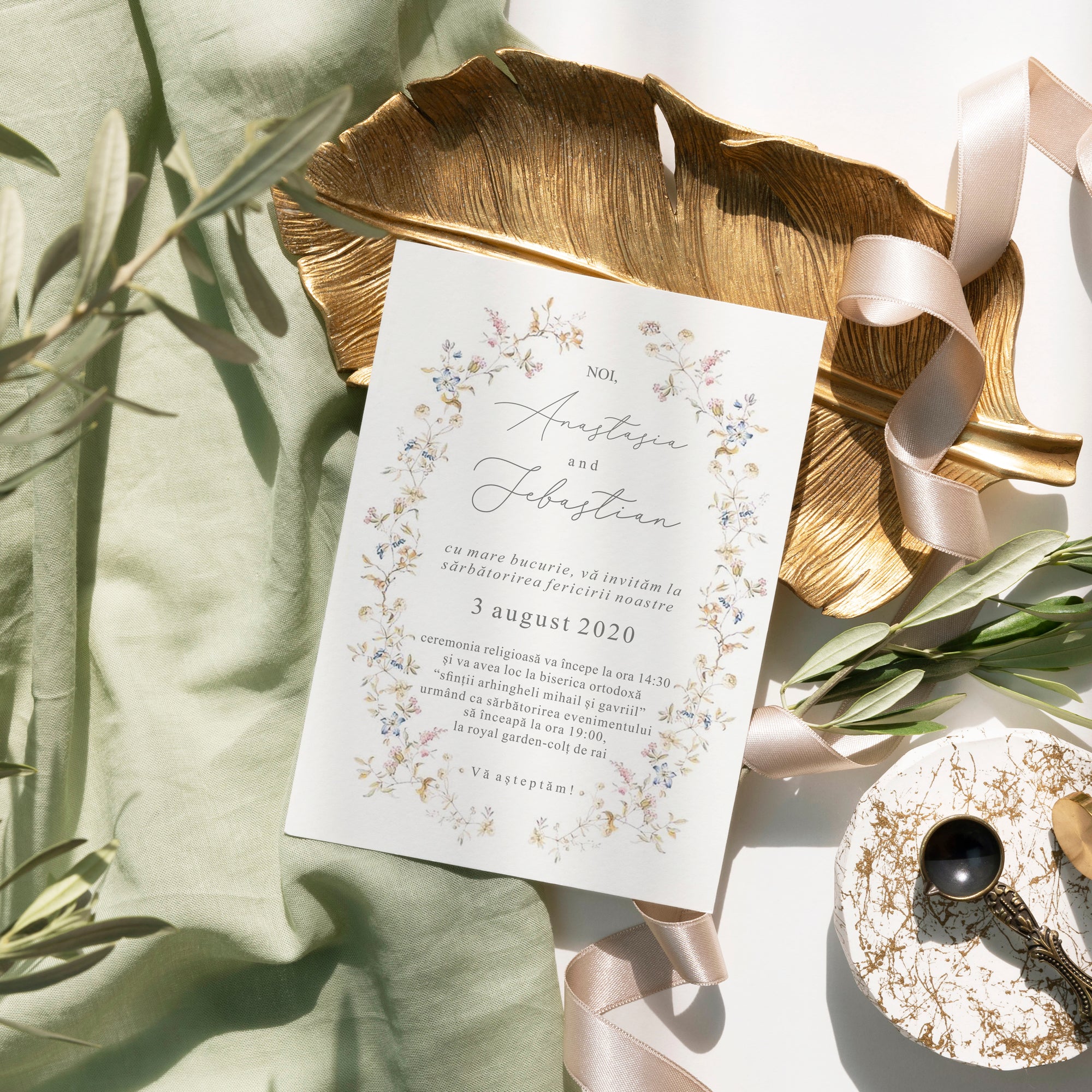 Invitație de nuntă florală elegantă acuarelă, perfectă pentru primăvară și vară – Diandra Events