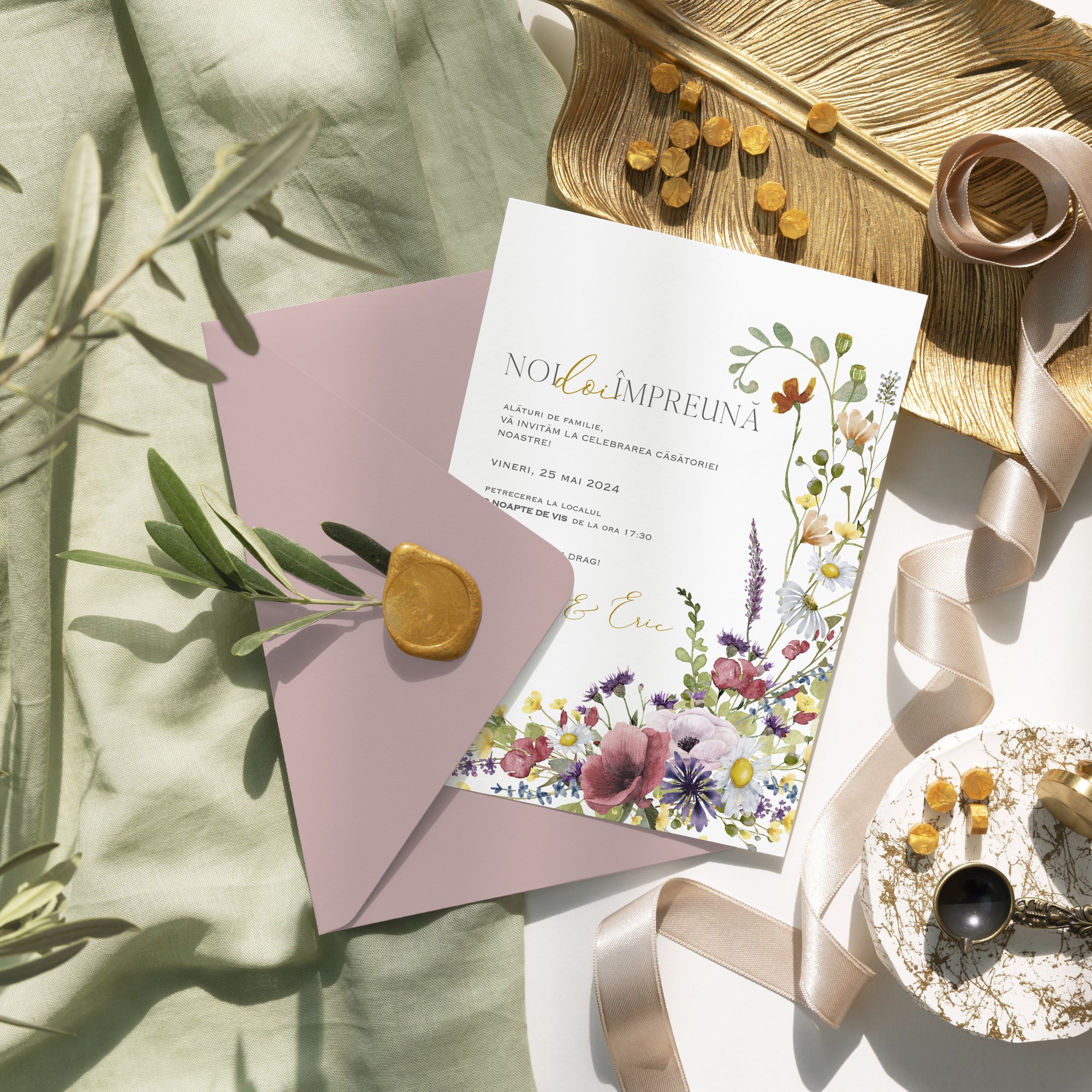 Invitație nuntă florală acuarelă de vară, design elegant premium – Diandra Events