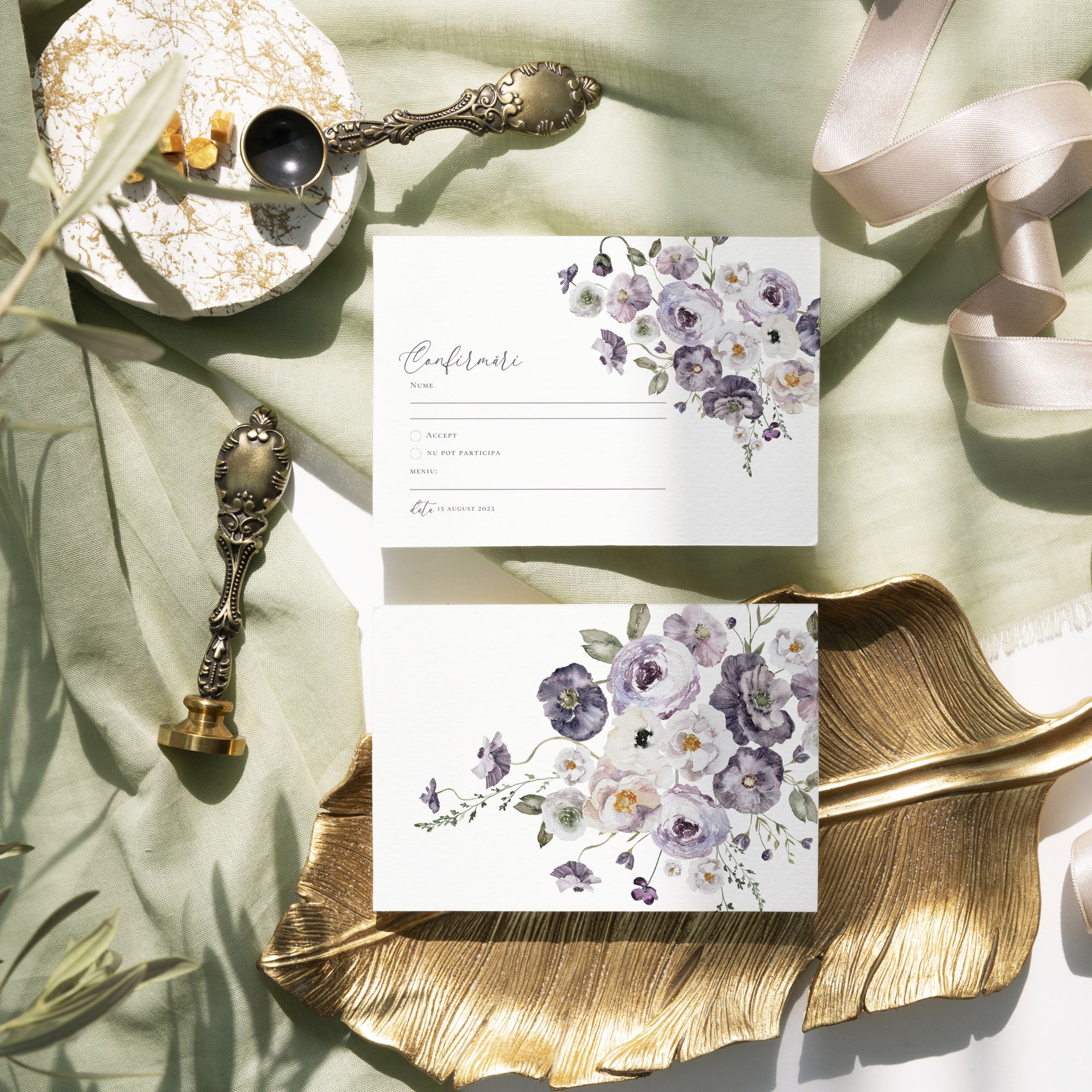 Card confirmare nuntă floral elegant Purple Flowers, design premium papetărie de lux – Diandra Events