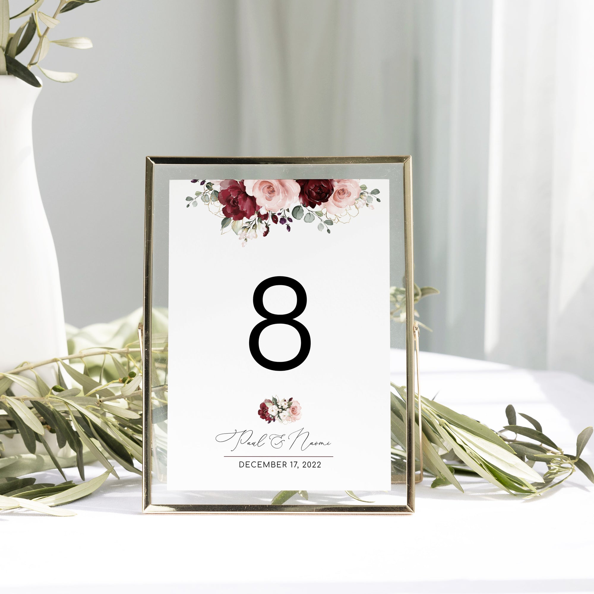 Număr masă carton personalizat cu imprimeu floral modern predefinit, Diandra Events
