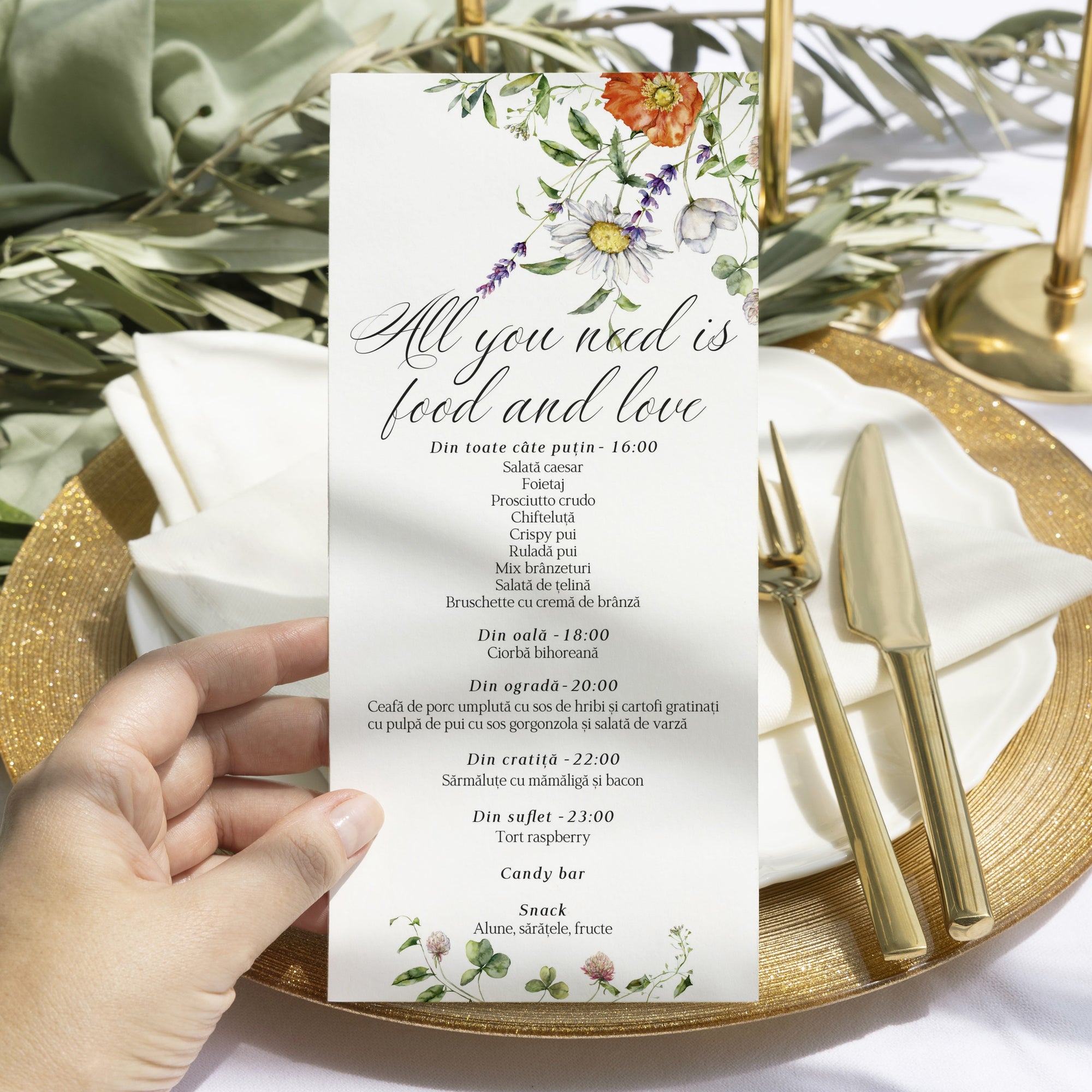 Meniu carton premium individual cu flori și culori elegante.