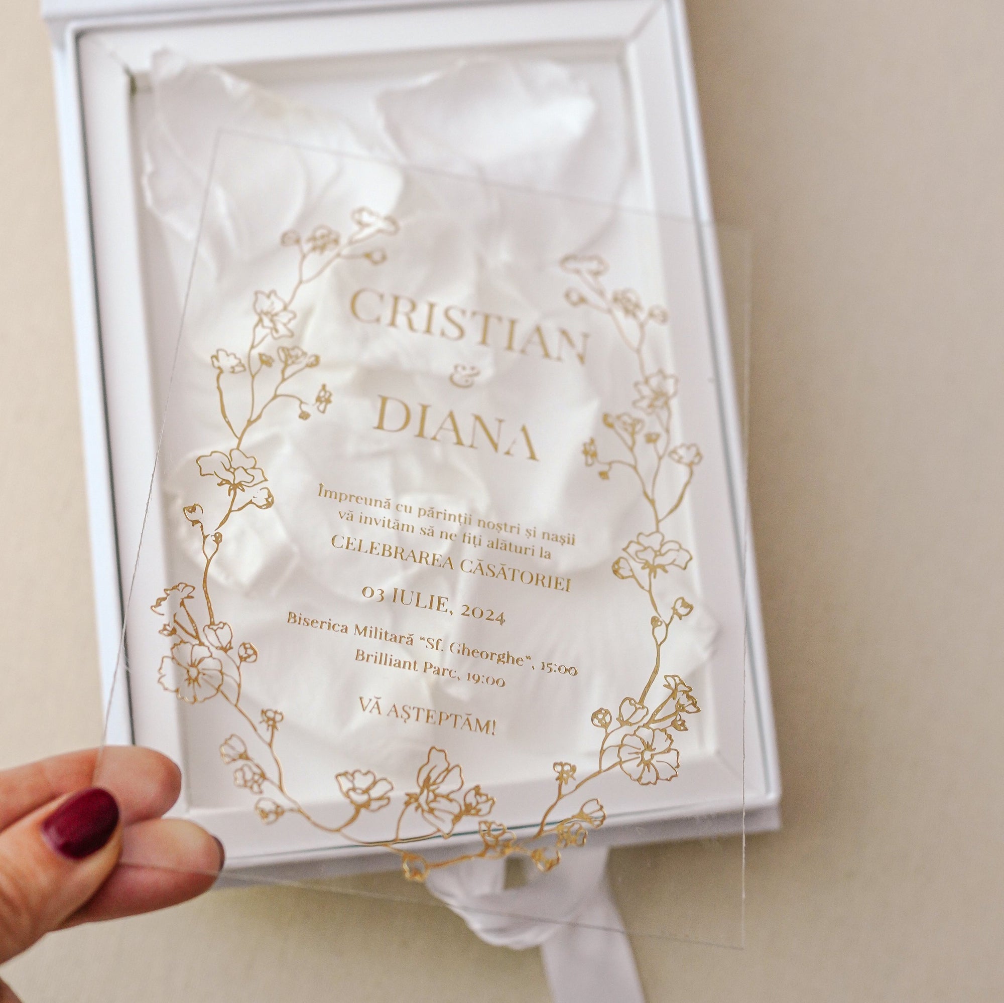 Invitație nuntă acrilică plexiglass premium personalizată de lux, design elegant – Diandra Events