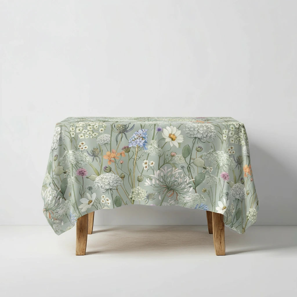 Față de masă personalizată cu flori de câmp și imprimeu botanical, ideală pentru decor de nuntă boho – Diandra Events