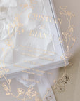 Invitație personalizată pentru nași, realizată din acrilic transparent (PVC plexiglas), cu detalii florale aurii și cutie albă